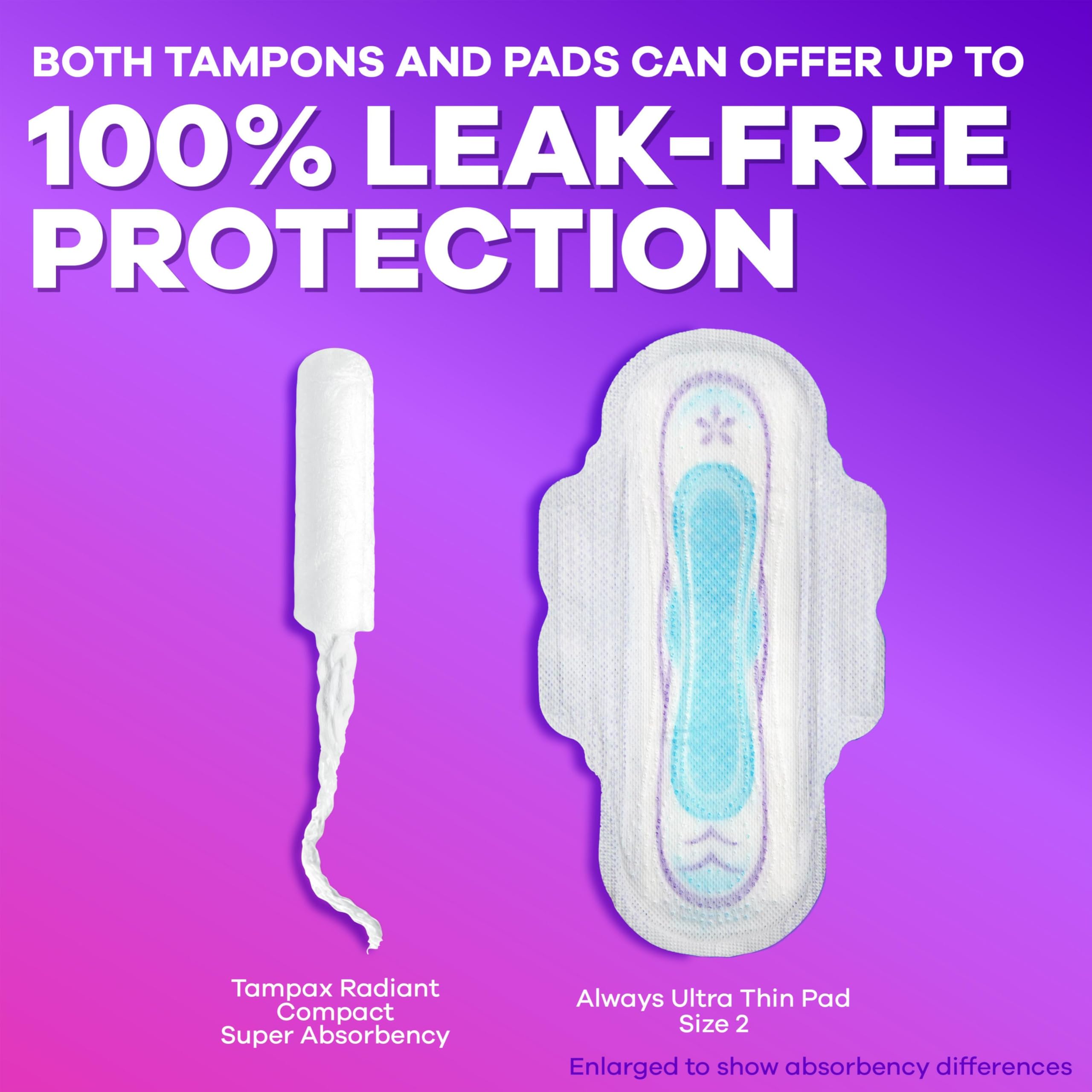Tampax Compact Radiant Tampons for Women Multipack, with LeakGuard Braid & Extendable Applicator, Regular/Super Absorbency, Unscented, 84 Count (Pack of 2)