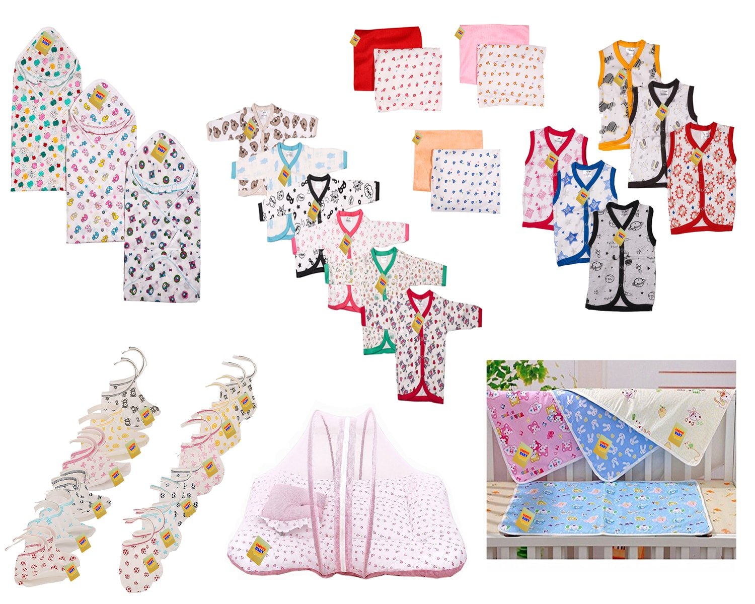 Fareto New Born Baby Combo Of 7 Daily Essential Items In An Single Packet/3 Cotton Blankets/ 3 Mustard Pillows/6 Front Open Shirt/ 6 Front Open Vest/6 Pair Of Socks,6 Pair Of Mittens/1 Net Bed/4 Diaper Changing Sheets(0-6 Months, Multicolor)-picture-16