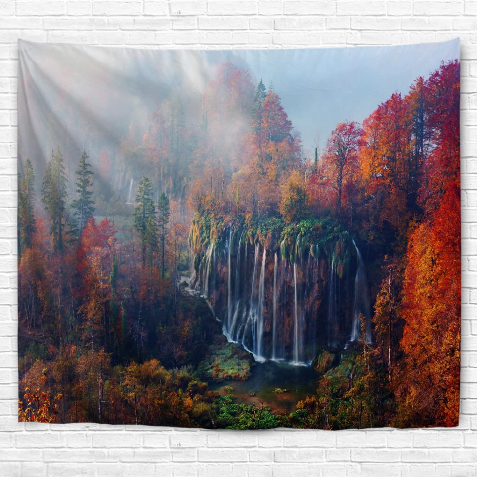 A.Monamour Arazzo da Parete Grande Cascata Del Lago Di Foresta Autunnale Nel Parco Nazionale Di Plitvice In Croazia Telo Arazzi Decorazione da Parete per Camera da Letto Dormitorio 180x230cm