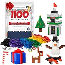 Play Platoon 1100 Pieces Building Bricks Set - 10 Classic Color Blocks - Bulk Building Blocks Compatible with Major Brands - 14 Different Shape Bricks - Includes Wheels, Tires, Axles, Windows & Door