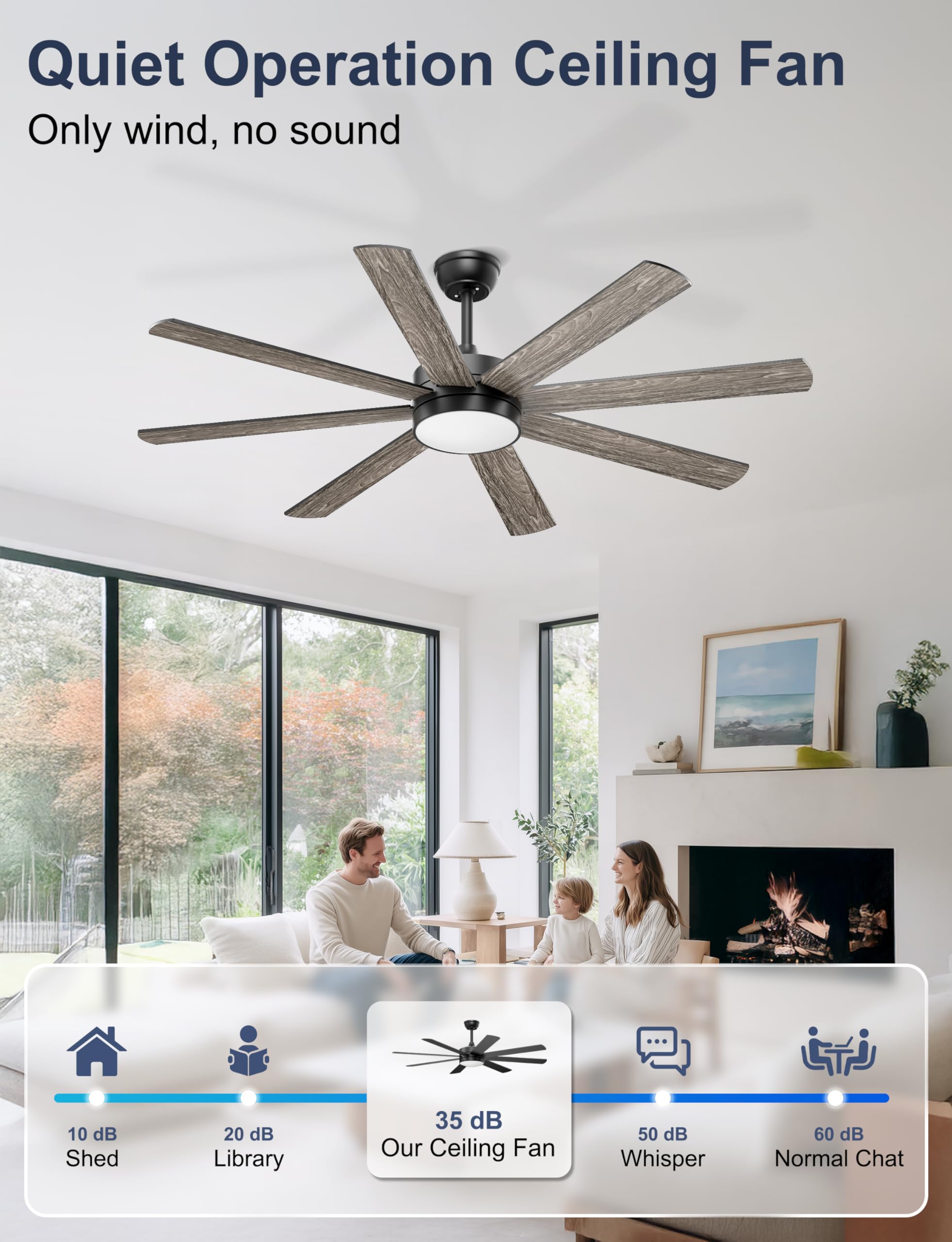 Ohniyou Ventilatore da Soffitto da 152 cm con Luce, Silenzioso, Ventilatori da Soffitto Moderni con Telecomando/app, Luce Regolabile, Motore DC Reversibile per Soggiorno Terrazza Interni Esterni, Nero