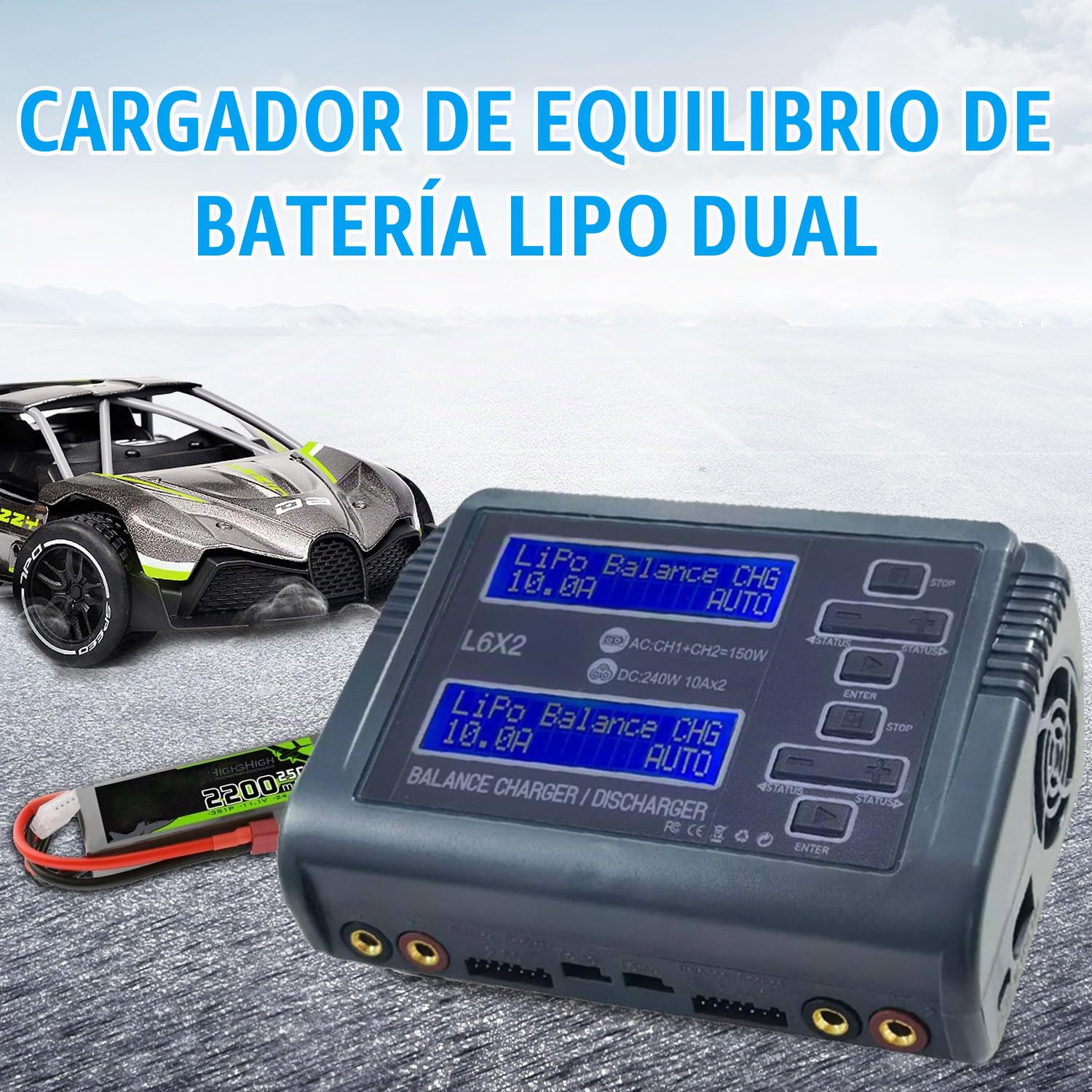 Cargador de Equilibrio de batería de polímero de CA/CC Puertos de Carga duales Potencia de Carga Ajustable Compatible con baterías de polímero de Litio 1-6S Adecuado para 1/10 RC Car Drone