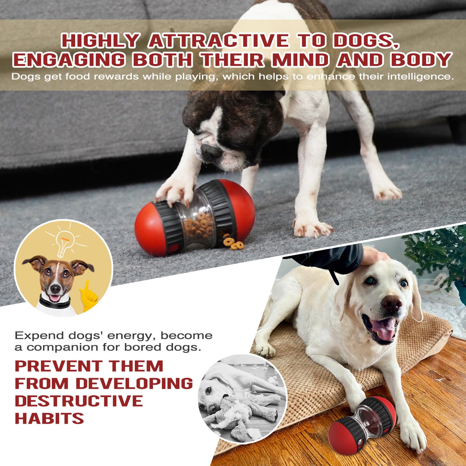 Giocattolo Intelligente per Cani, Dispositivo di Alimentazione Lenta, Giocattolo Interattivo per Cani, Dispenser di Cibo per Puzzle per Cani Piccoli, Medi e Grandi (Rosso)