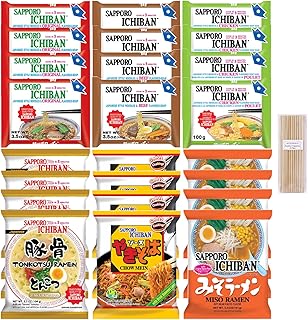 Sapporo Japanese Ramen Variety Pack, 6 Traditional Authentic Flavors - Original, Beef, Chicken, Tonkotsu, Yakisoba, Miso - 4 Pack Per Flavor, Instant Ramen Noodle Sampler (24 Pack)