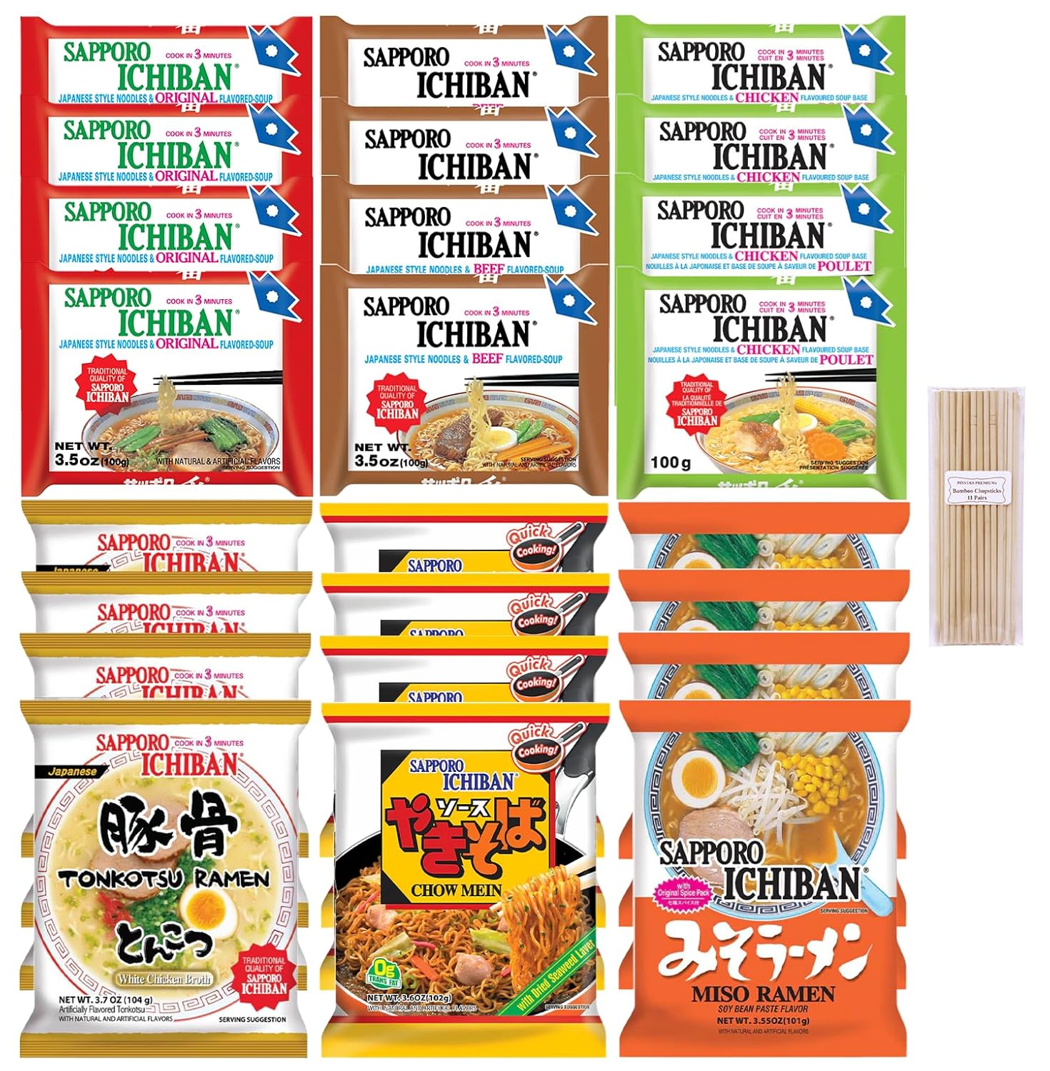 Sapporo Japanese Ramen Variety Pack, 6 Traditional Authentic Flavors - Original, Beef, Chicken, Tonkotsu, Yakisoba, Miso - 4 Pack Per Flavor, Instant Ramen Noodle Sampler (24 Pack)