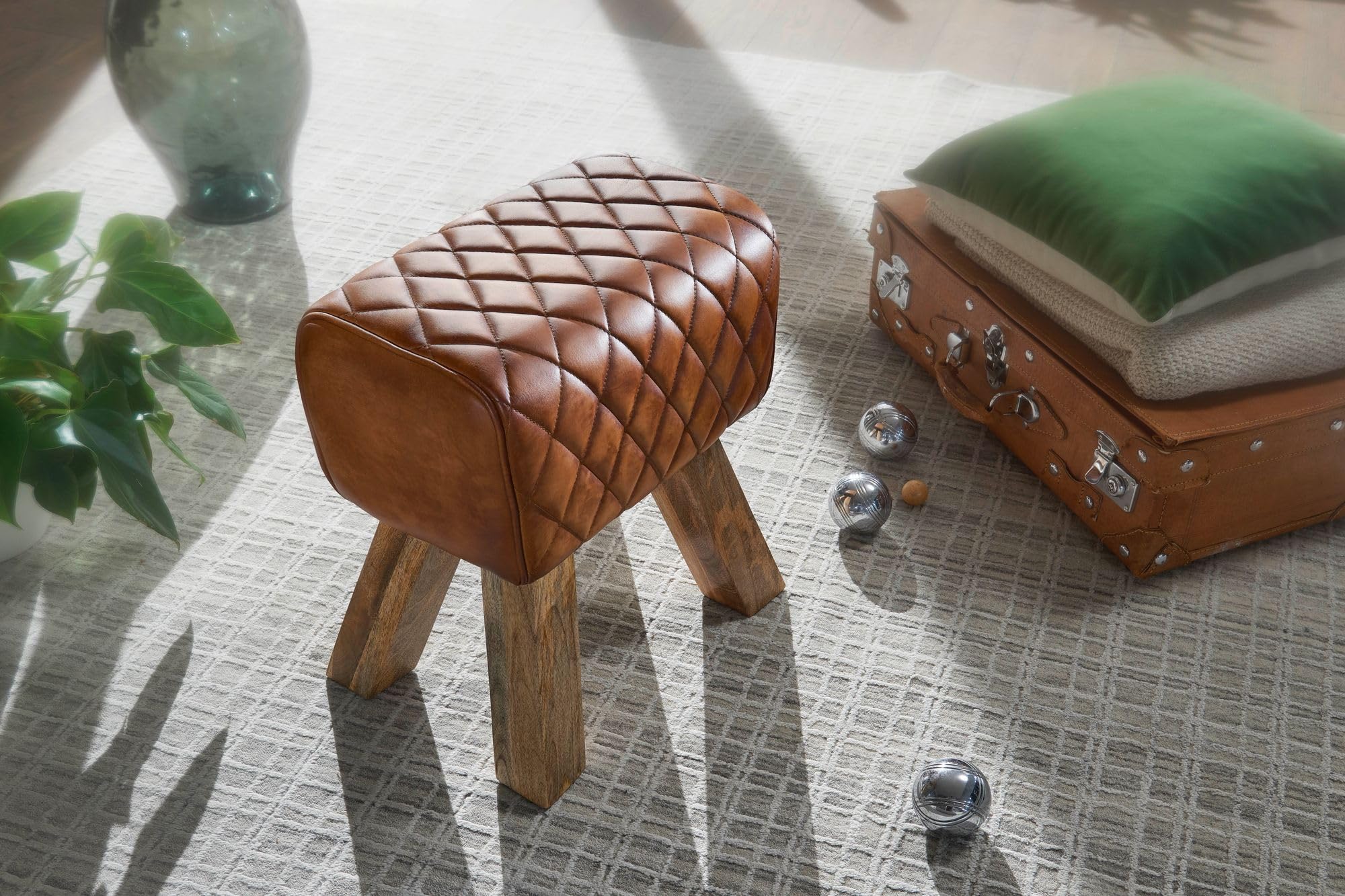 FineBuy Sitzhocker Turnbock 40x27x48 cm Echtleder Massivholz Braun