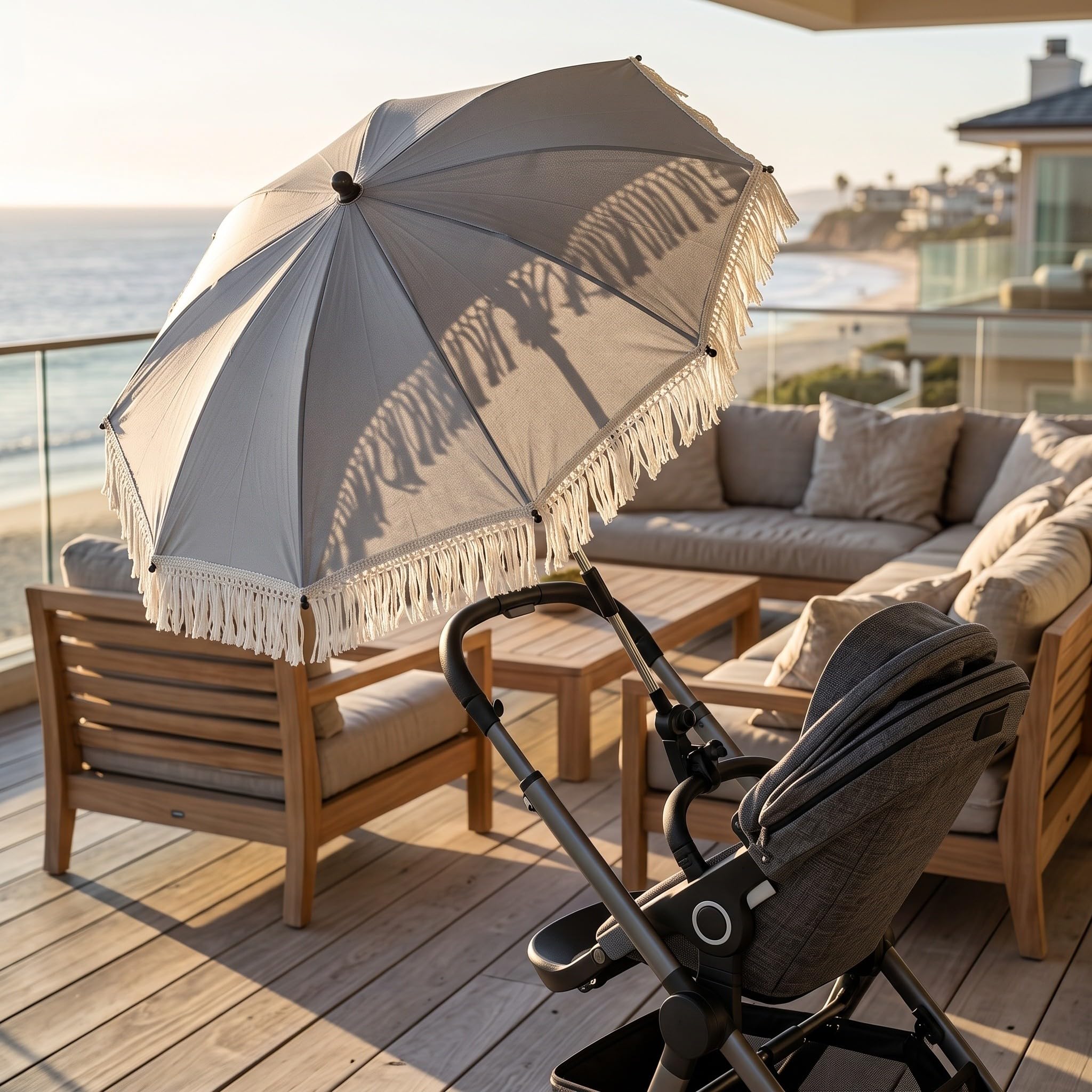 Lurrose Parasol plegable para cochecito de bebé con pinza, sombrilla UV con borlas para cochecito, carrito, viajes y sombra al aire libre, silla y accesorios de camping.