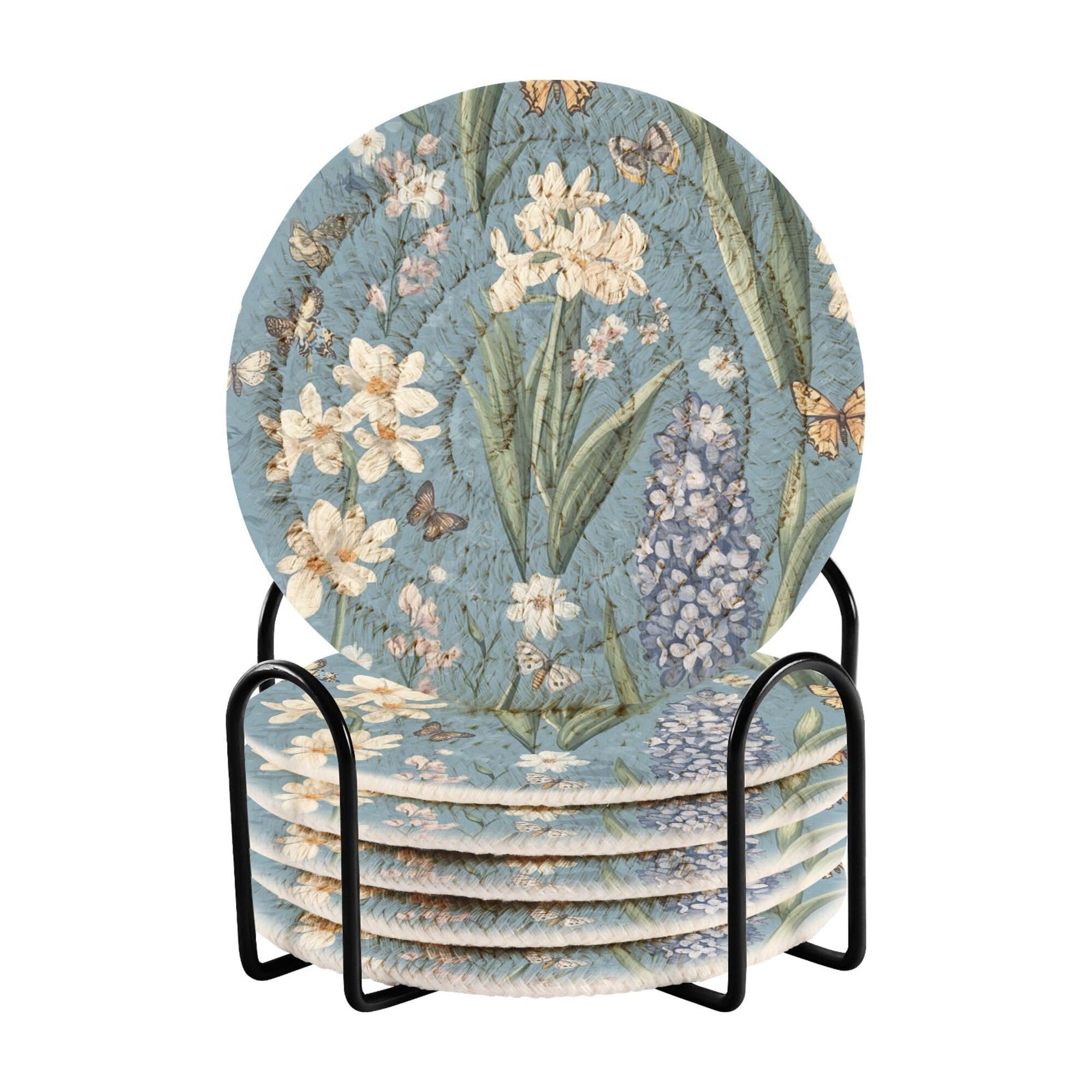 Spring Flowers Hyacinths Butterflies Blue Cotton Rope Drink Coasters Absorbent and Holder Set of 6 Aesthetic Coasters