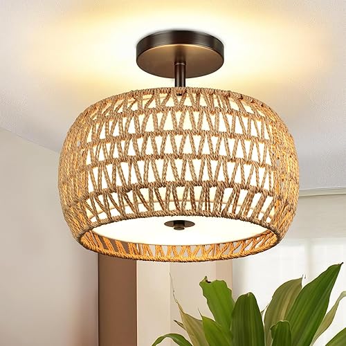 FRIDEKO HOME 3-Light Semi Flush Mount Ceiling Light - Woven Rattan Light Fixtures Ceiling Mount Boho Light Fixture with Fabric Shade Ceiling Light Fixture for Bedroom Kitchen Hallway Dining Room