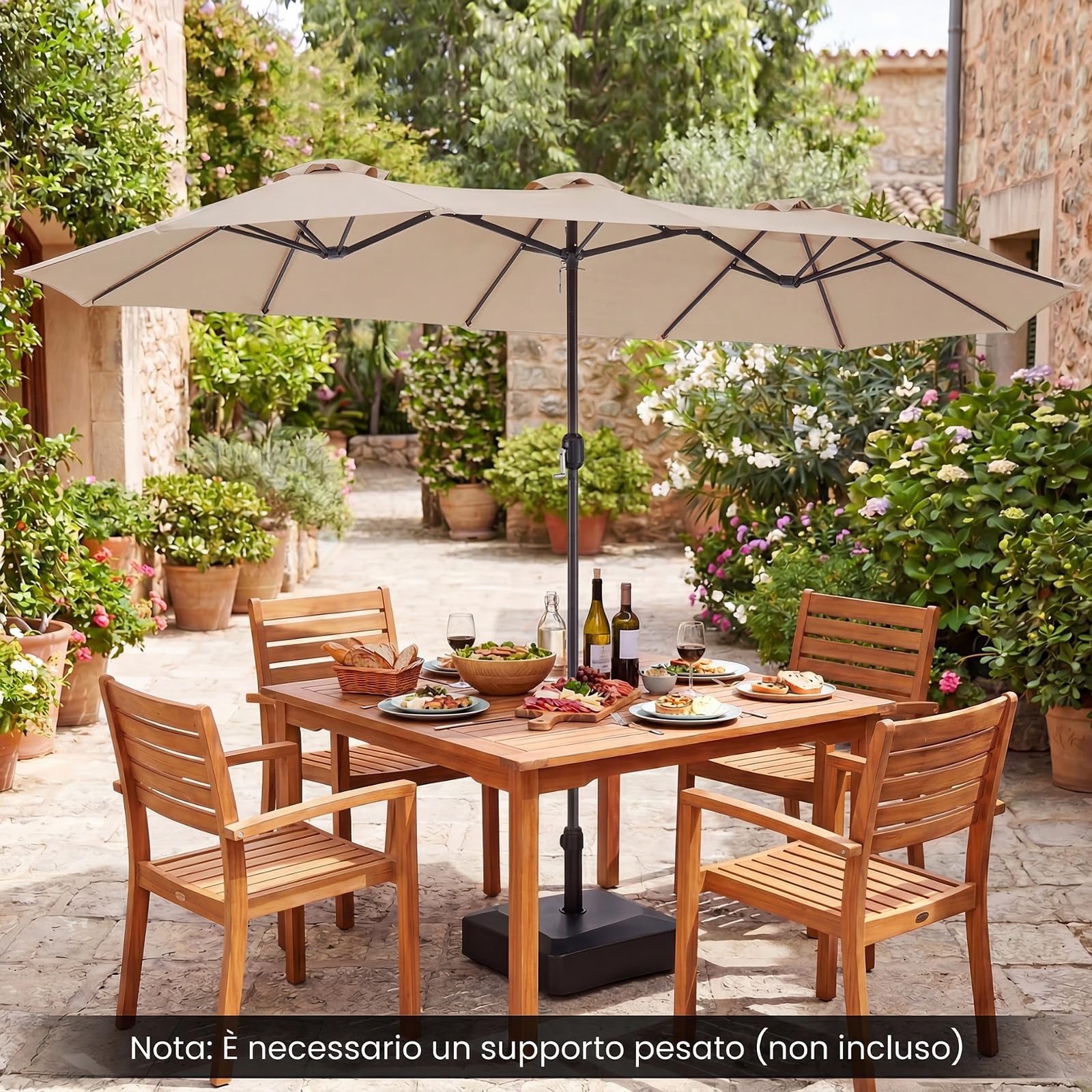 COSTWAY Ombrellone da Giardino Doppio 375 x 215 cm, con Manovella, Anti-UV, 12 Stecche Metalliche, per Terrazza, Piscina e Cortile (Beige, 375 x 215 cm non luci)