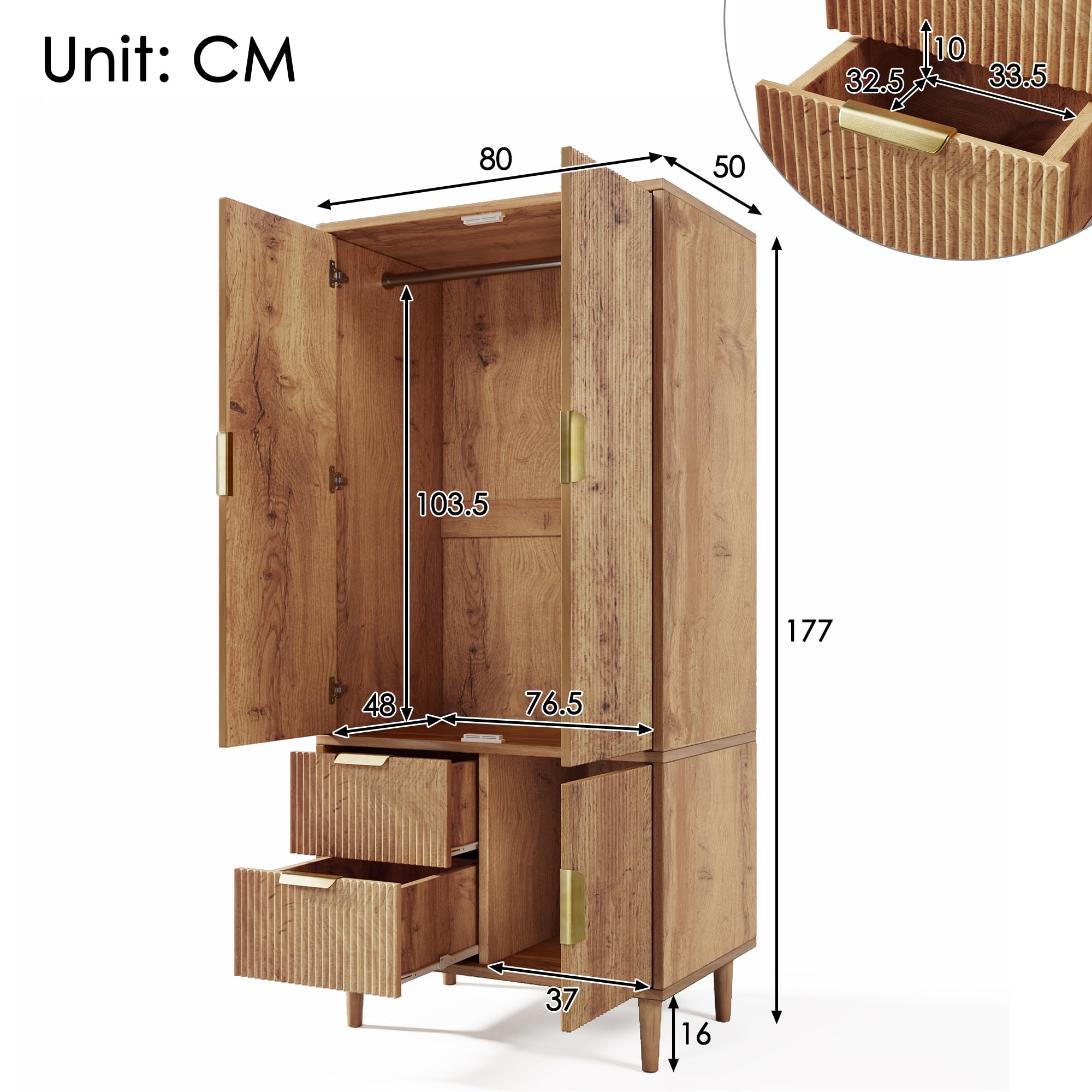 Armario 80 x 50 x 177 cm, aspecto de roble, madera con ranuras 3D, 3 puertas, 2 cajones, con barra para colgar y asas doradas