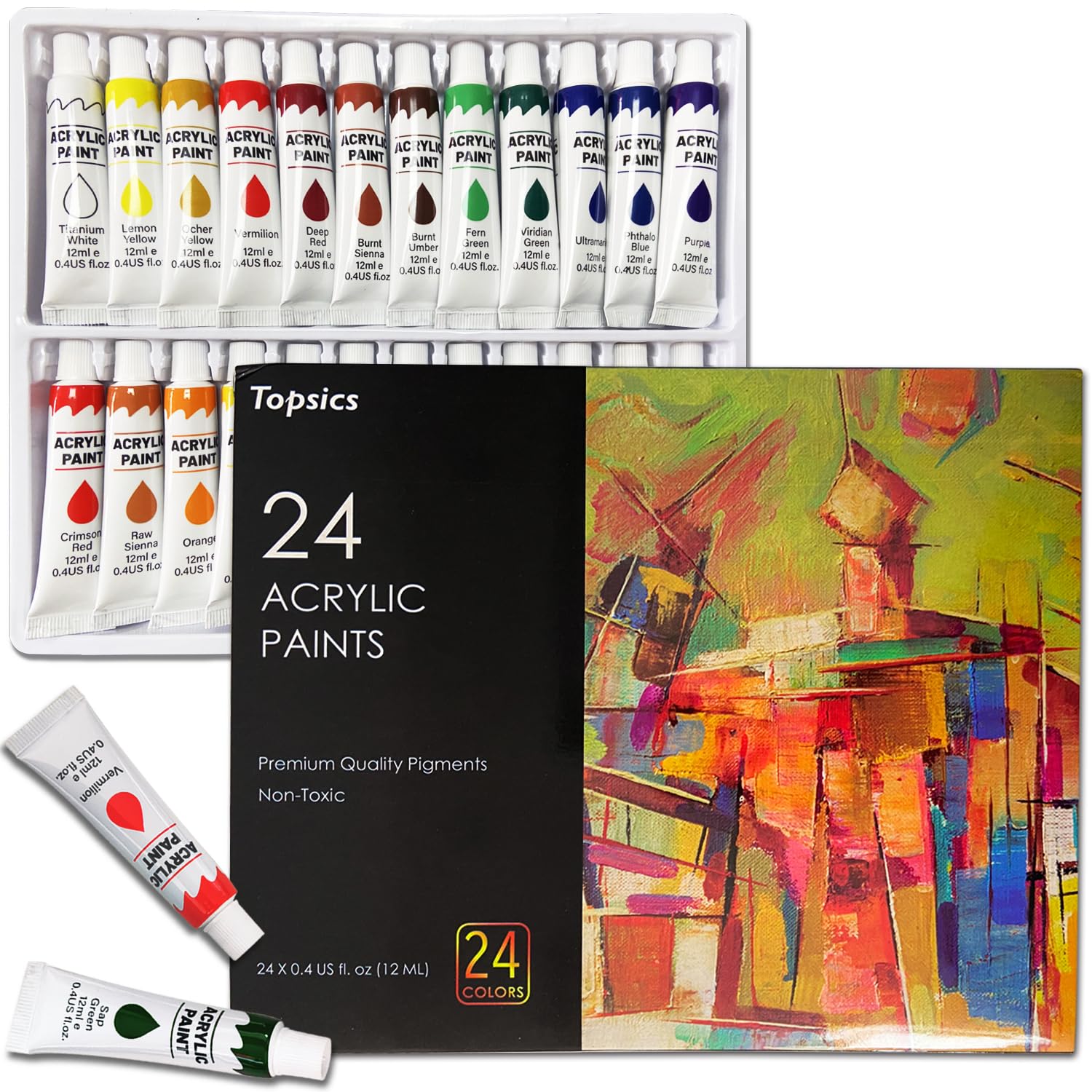 Topsics Pintura Acrílica, 24 Tubos de 12ml Juego de Pintura, Pinturas Acrílicas No Tóxicas, para Principiantes, Artistas, Perfecto para Lienzo, Madera, Tela