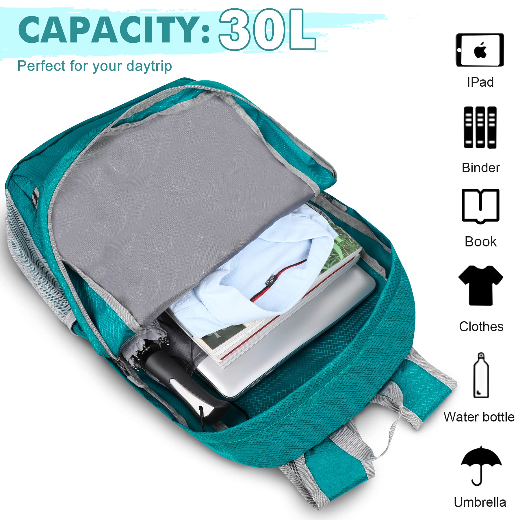 Mochila plegable ligera de 30 L, mochila de senderismo plegable resistente al agua, compacta mochila plegable para viajes (verde lago) 3