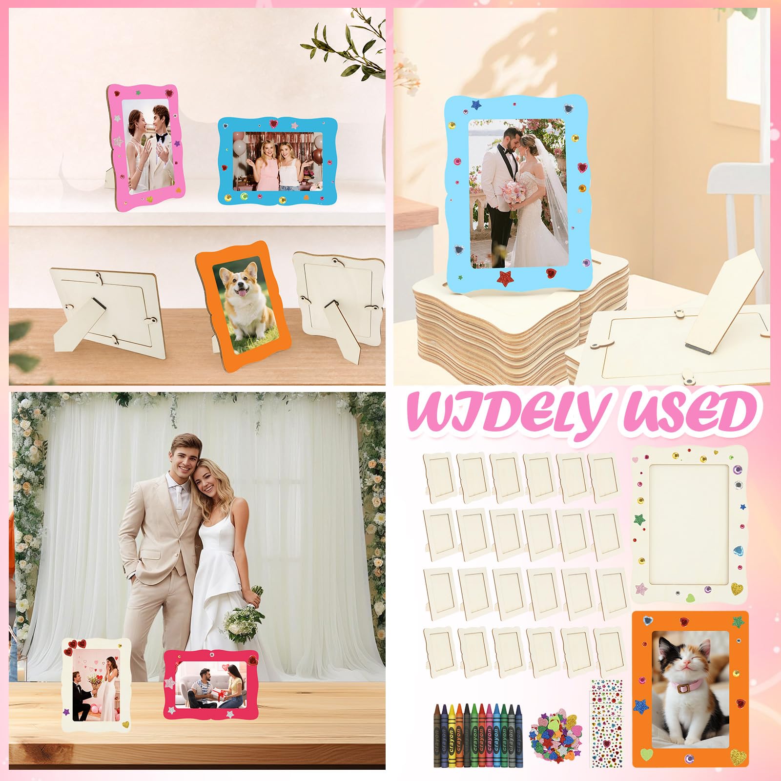 24 Stück Holzbilderrahmen zum Bemalen Set | DIY Fotorahmen Holz Unbehandelt mit Glitzersteinen Sticker und Stiften Kindergeburtstag Bastelset Stehend Hängend