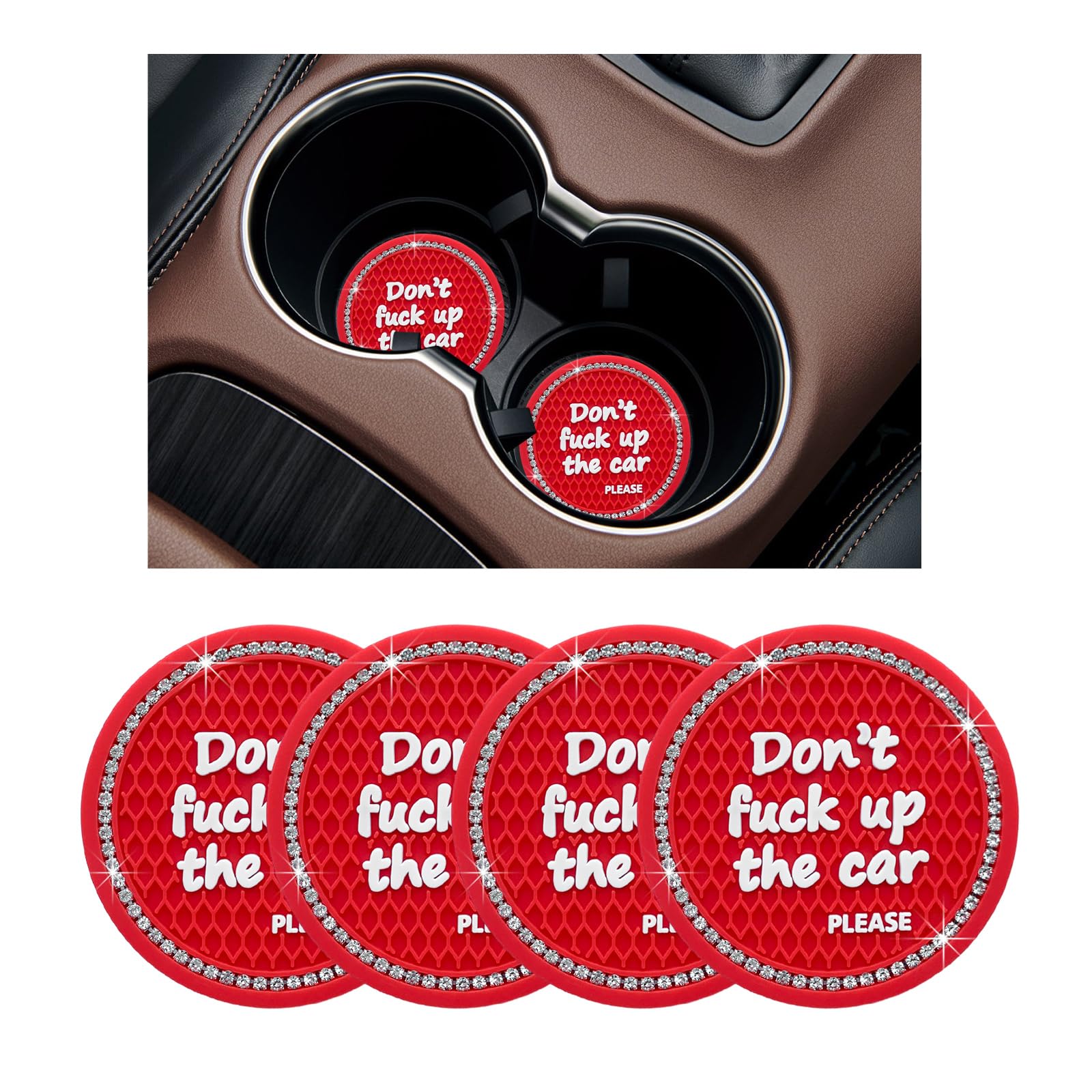 Ziciner 4 Pack Bling Car Cup Holder Coaster, 2.75 Inch Anti-Slip Auto Insert Cup Coaster, Crystal Car Drink Cup Mat Perfect for Women Girls, Universal Interior Decor Accessories (Red)