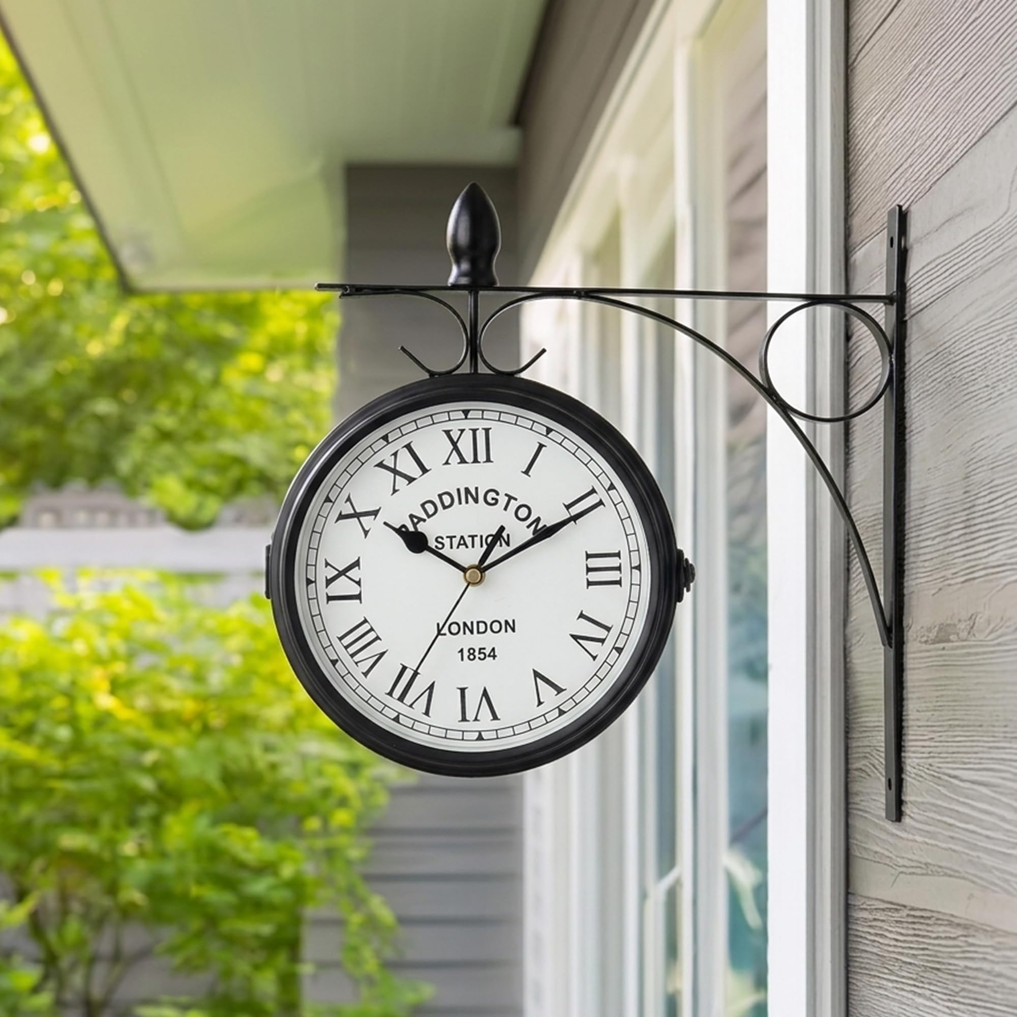 JHY DESIGN Reloj de doble cara de 21 centímetros, metal, reloj de estación resistente al agua, reloj de pared colgante retro, reloj de jardín redondo, reloj decorativo con soporte de pared para