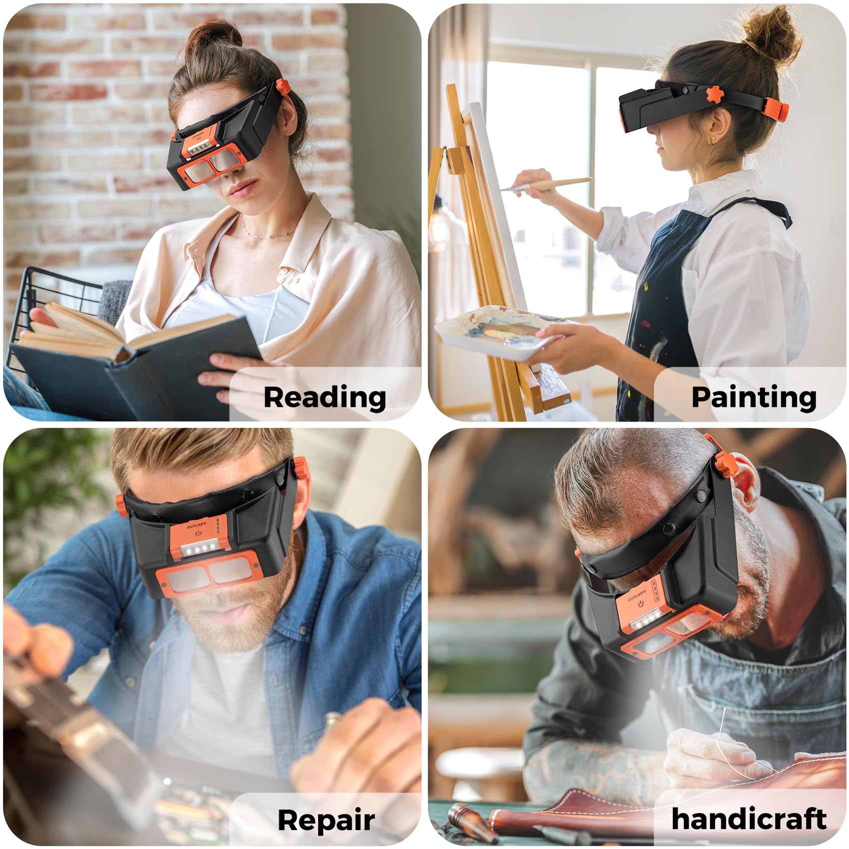 Kopfbandlupe mit Licht, wiederaufladbare Lupe für enge Arbeiten, 1,5-fache – 3,5-fache Vergrößerung, Headset mit 4 Linsen, Juwelierlupe, Visier für Reparatur, Handwerk, Hobby
