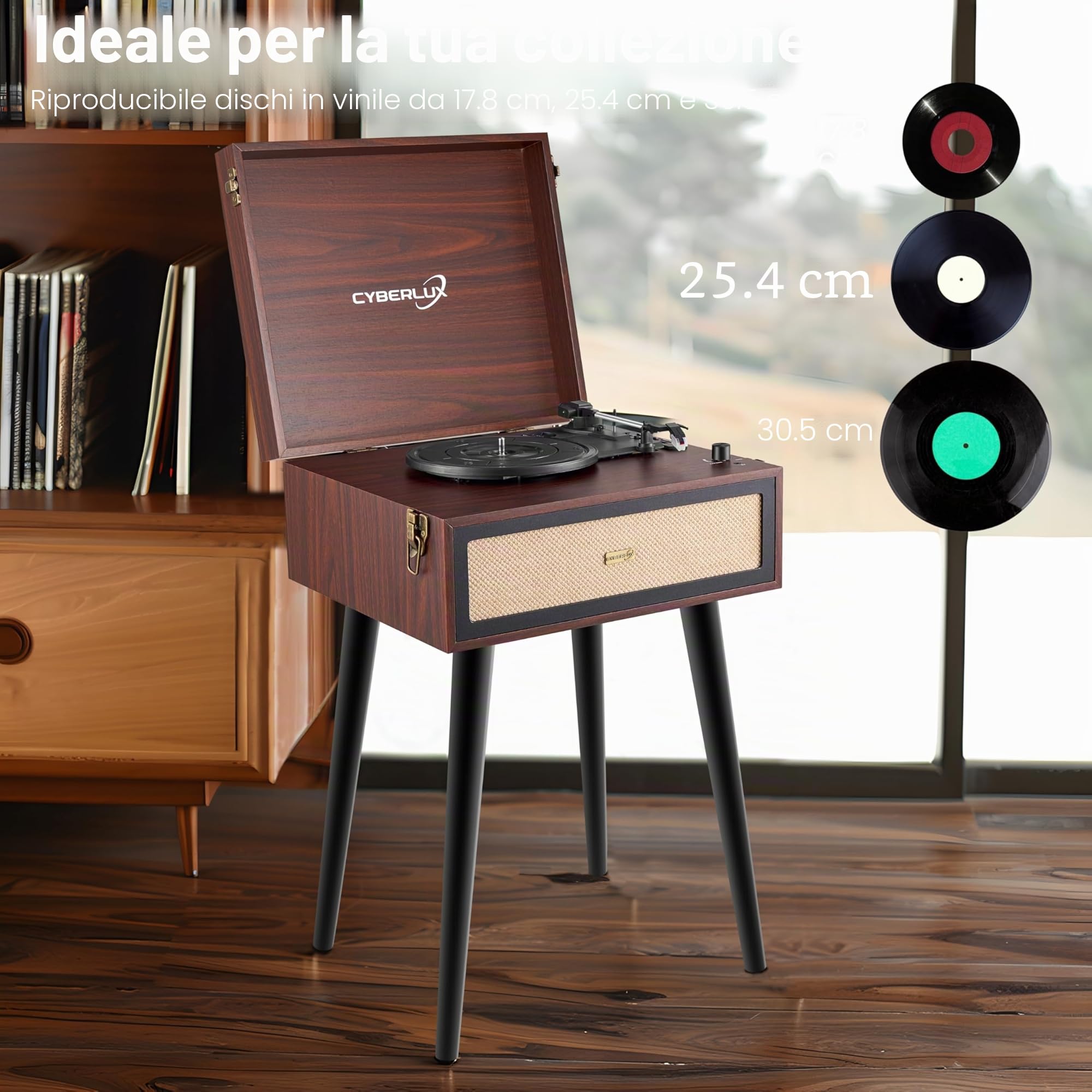 Giradischi con supporto, in stile retrò, con altoparlante Full Range, Bluetooth, radio FM, USB, Line-Out AUX IN Micro SD, slot in vinile, nostalgico, giradischi con piedini
