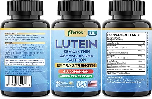 Miniatura 8 de Suplemento de luteína con zeaxantina, ashwagandha, azafrán, extracto de té verde, glucomanano, vitaminas oculares para adultos, suplemento de salud