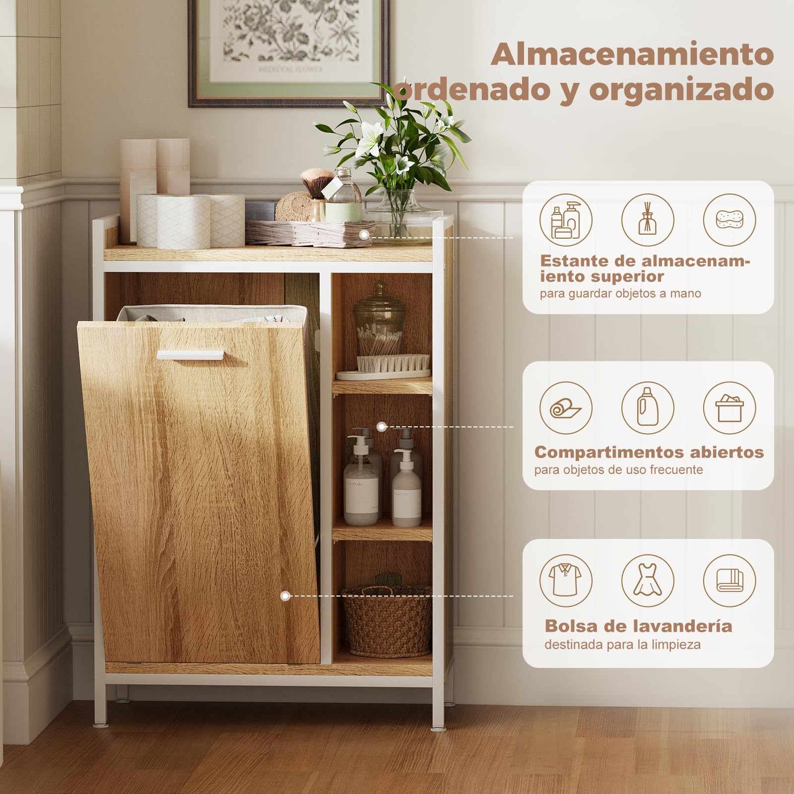 ELUCHANG Armario de Baño con Cesto Ropa Sucia 50L, Mueble de Baño 2 en 1 con 3 Divisiones Ajustables, Bolsa Extraíble Lavable, para Baño y Lavadero, 63x30x91cm, Roble Claro + Blanco