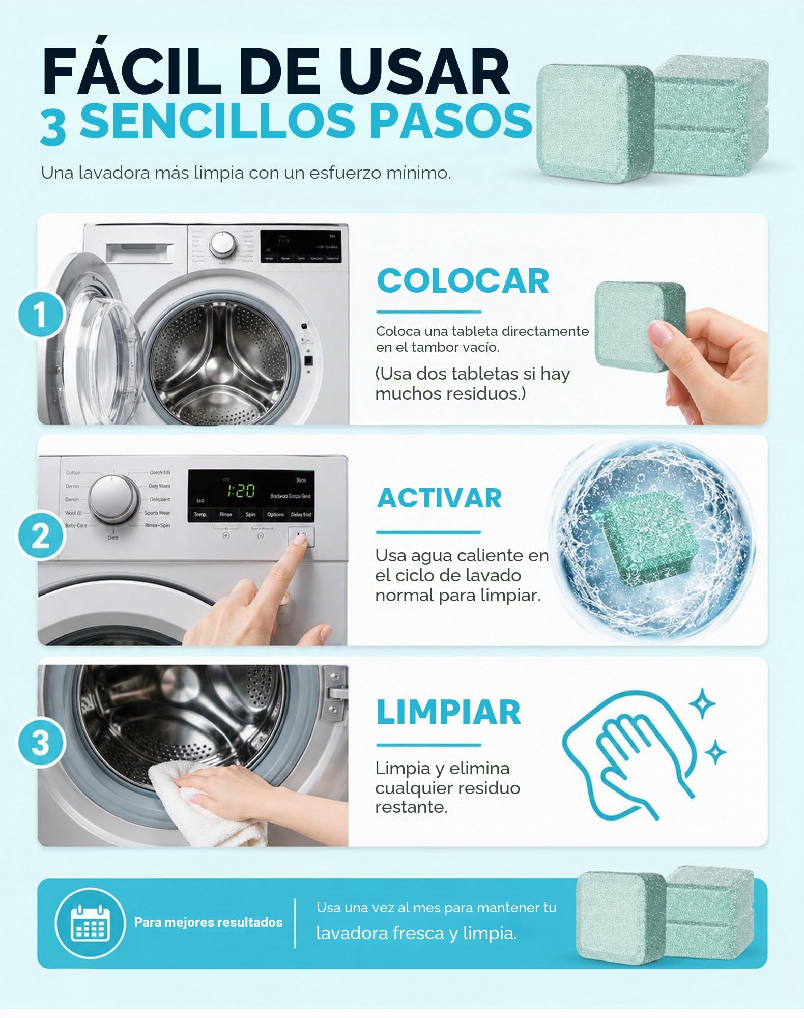 Limpiador para Lavadora, Pastillas Efervescentes de Limpieza Profunda, Elimina Olores, Residuos y Depósitos, Descalcificador para Lavadoras, con Lavadoras de Carga Frontal y Superior–36 Pastillas