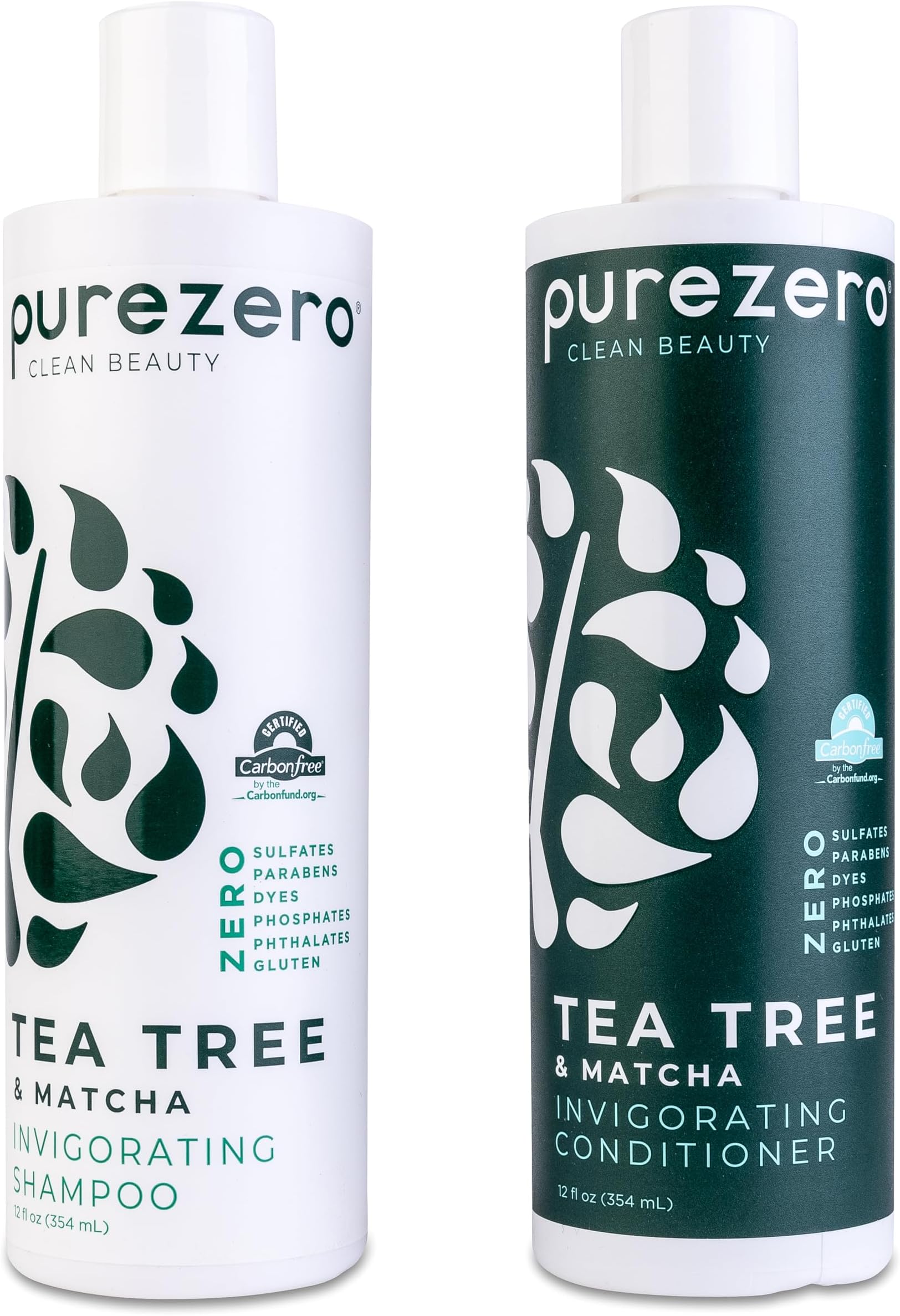 Purezero Tea Tree & Matcha Shampoo and Conditioner Set - Nourishing & Invigorating Scalp Treatment - Zero Sulfates, Parabens, Dyes Vegan and Cruely Free (12 Fl Oz (Pack of 2))