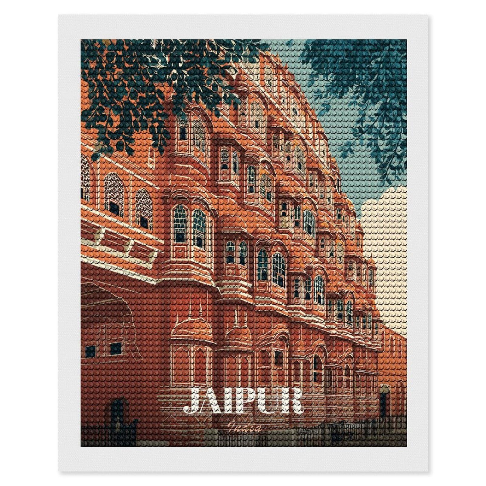 Junmoney Hawa Mahal, Jaipur India Illustration Crystal Diamond Art Kit 16"x20", Modern Decor, Boho Decor, Wall Art Gift, Decorative Artwork, Creative Hobby