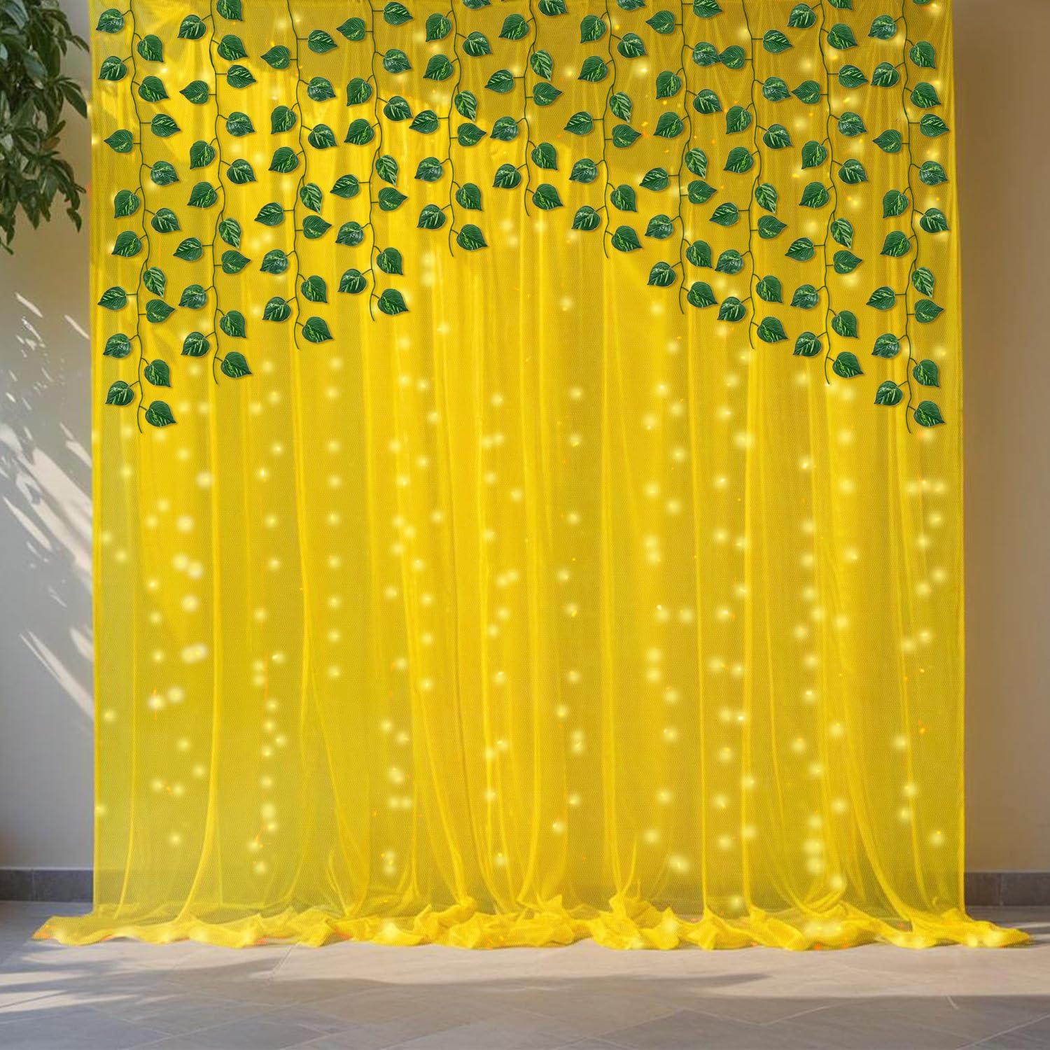 Party Propz Navratri Decoration Items, Diwali Decoration for Home Decor, Yellow Backdrop for Decorations, Backdrop Cloth for Decorations Pooja, Haldi Decor (8Pc)(Light 9m, Leaves, Satin Mix) - Image 6 thumbnail