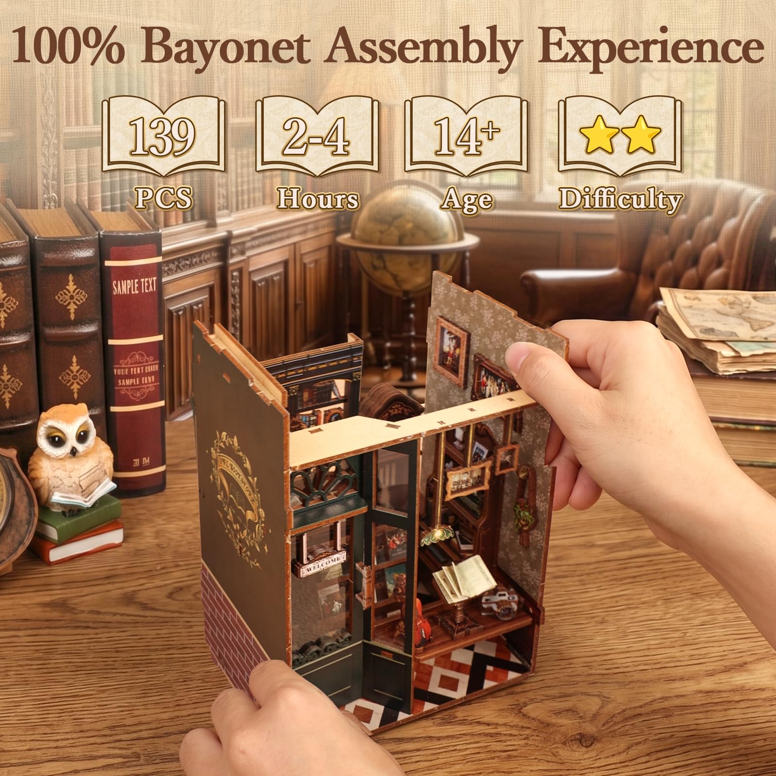 Fsolis Book Nook DIY - Miniatura in Legno Casa delle Bambole, Inserto per Libreria, Decorazione Creativa Biblioteca, Modello Costruibile & Regalo Originale(Owl Bookstore)