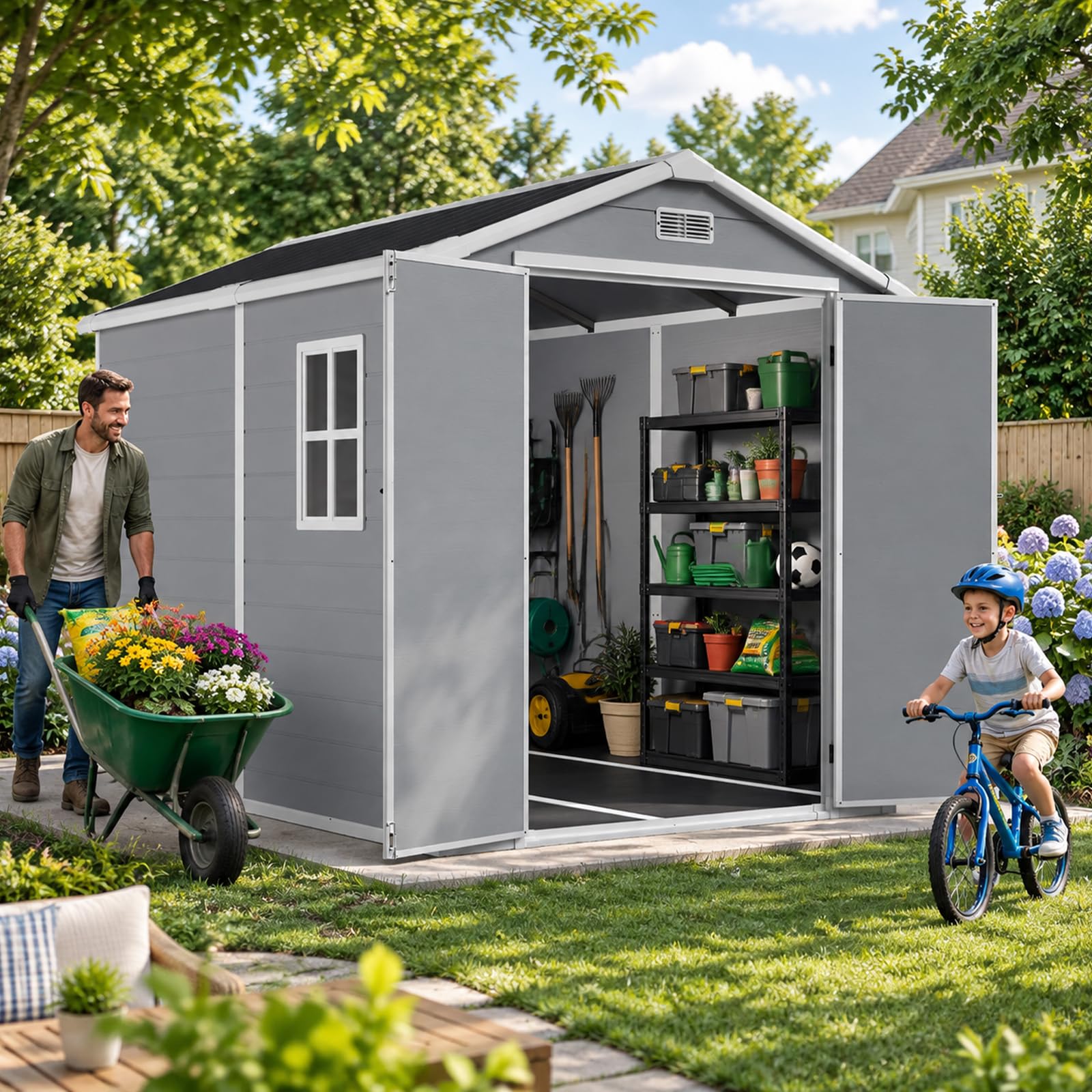 AOXUN 6x8 FT Resin Outdoor Storage Shed with Floor, Light Grey