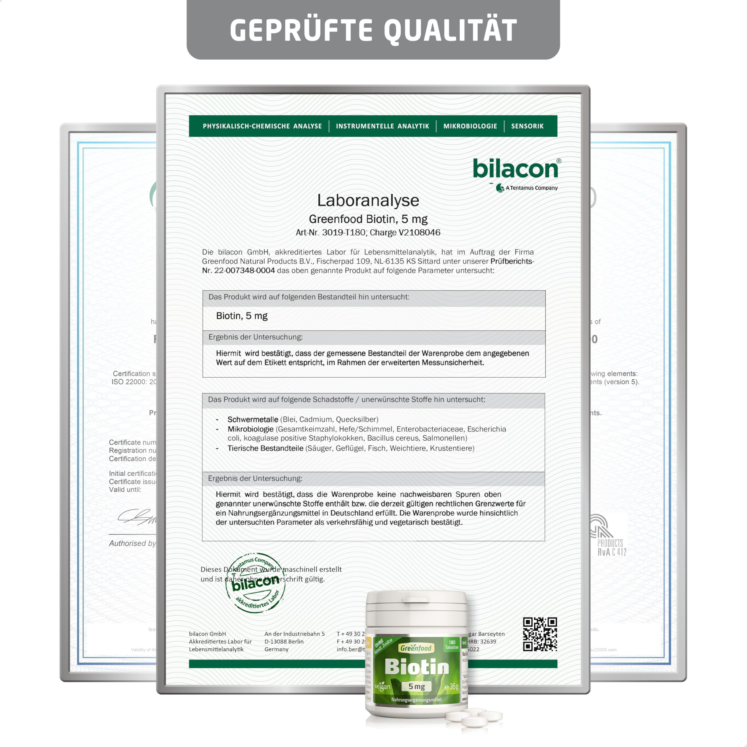 Biotin, hochdosiert, 5mg - 180 Tabletten, vegan. Vitamin B7 (Biotin) - das Beauty-Vitamin für gesunde Haut & Haare. OHNE künstliche Zusätze - laborgeprüft. Von Greenfood.
