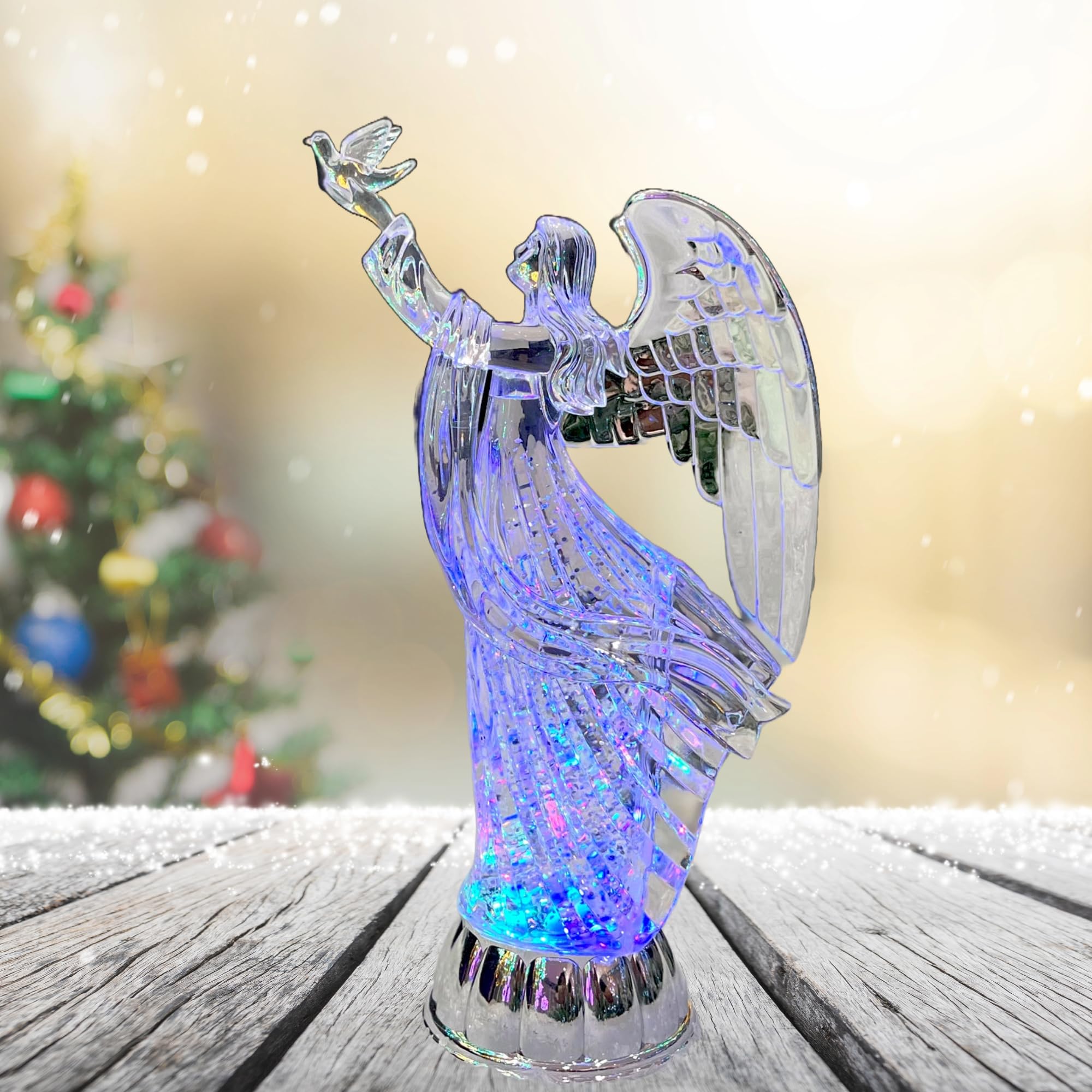 Figura a forma di angelo con luci a LED, 30 cm, azionata da pastella, filatore d'acqua con glitter, palla di neve - ornamento da tavolo in acrilico decorazioni natalizie per la casa
