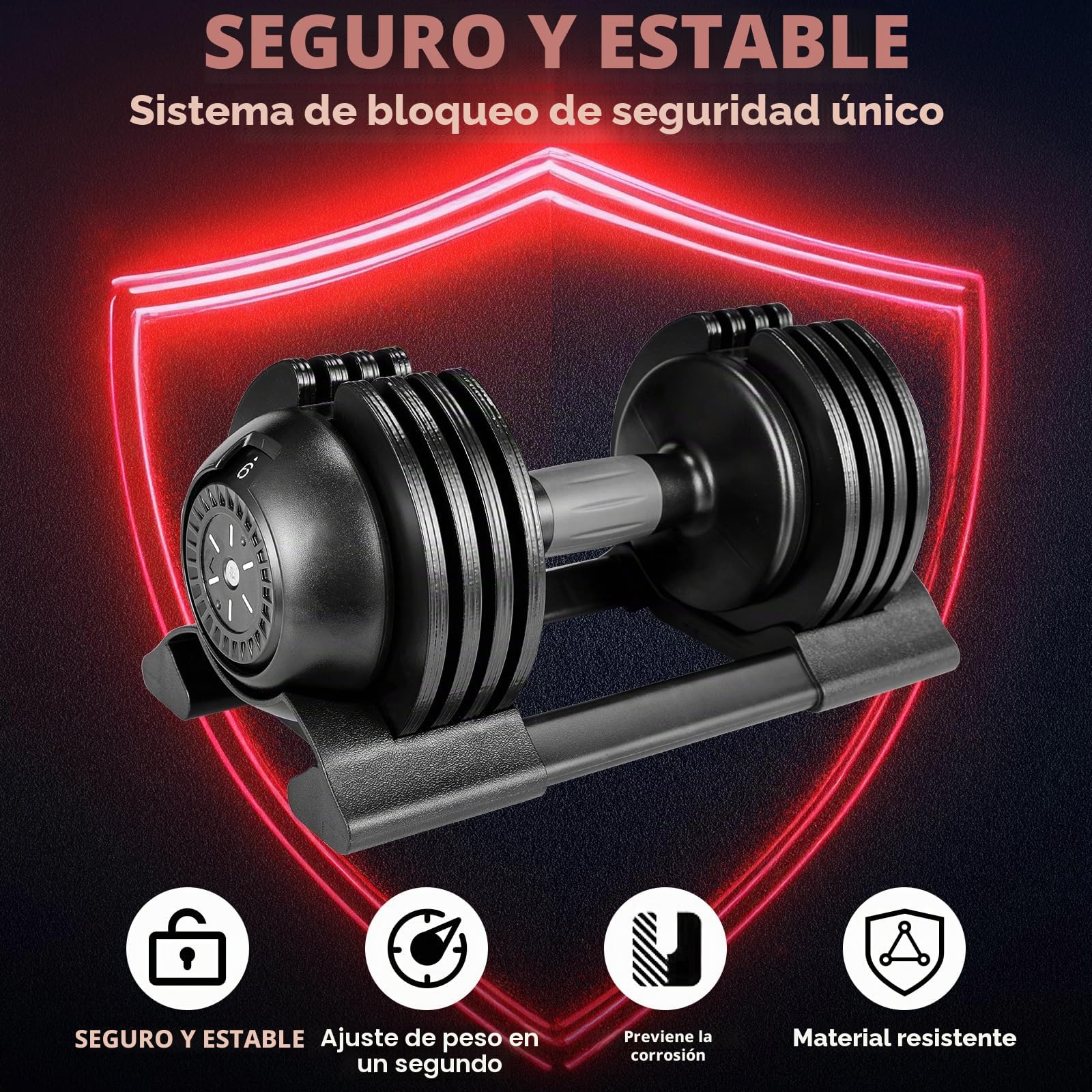 Mancuerna Ajustable 10kg 20kg 24kg, 5 Pesos ajustables, Entrenamientos de musculación indoor, Agarre ergonómico, Para gimnasio o hacer deporte en casa