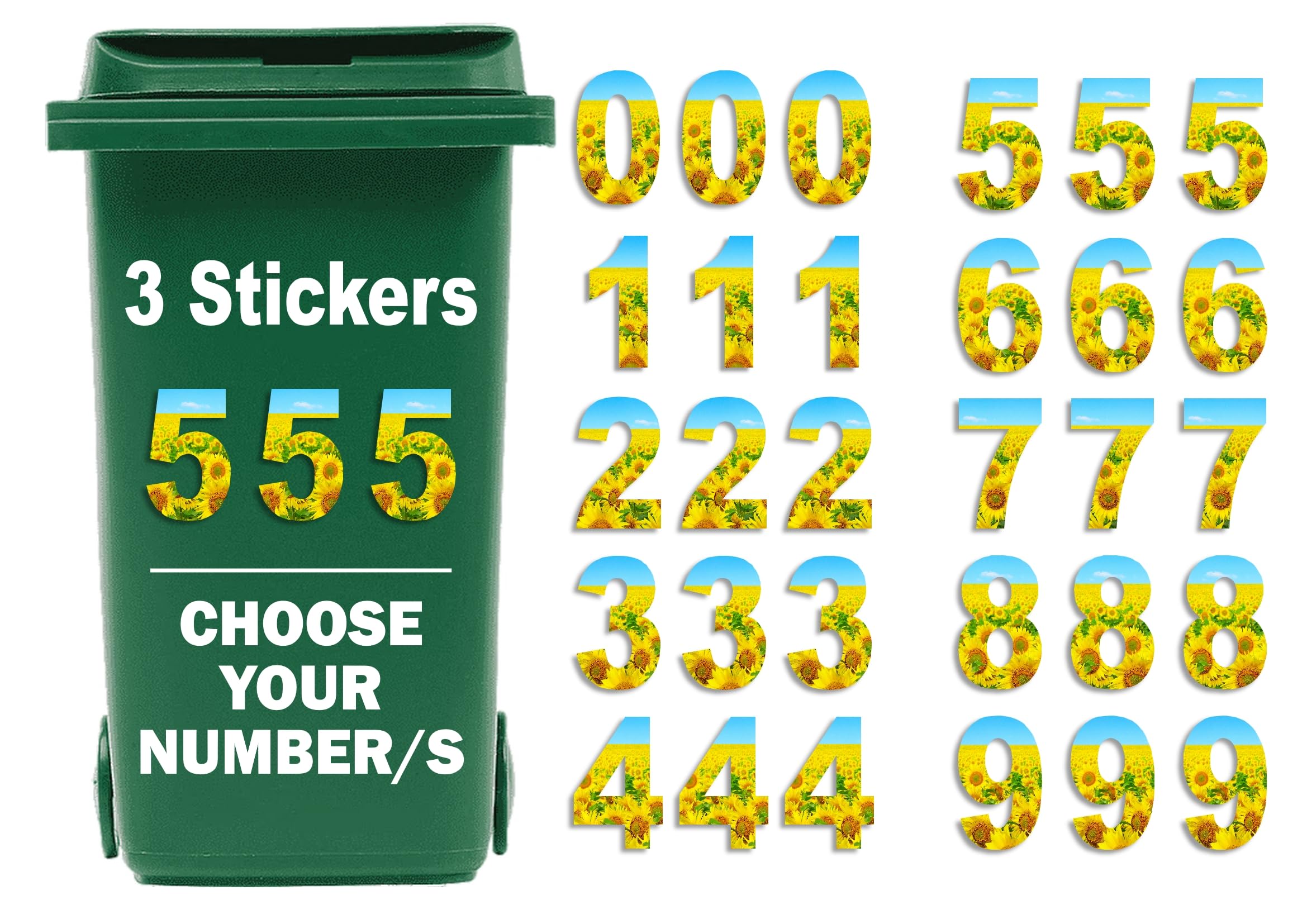 3 x Bin Numbers for Wheelie Bins, 0-9, Sunflower Dustbin Stickers, Easy Application 17.5cm Stick On Number Stickers - Weatherproof Self Adhesive Vinyl (5)