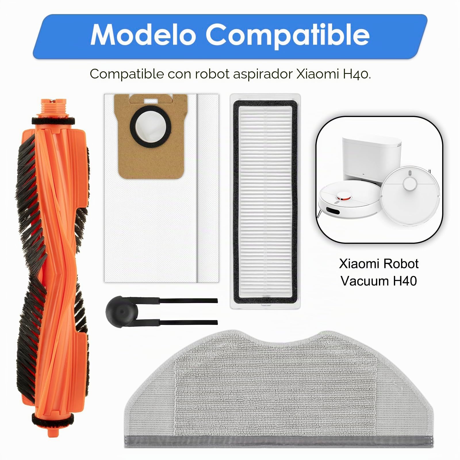 (14 unidades) H40 Piezas de repuesto Compatible con Xiaomi H40 Robot Aspirador, 1 Cepillo Roll, 3 Filtros HEPA, 4 Bolsas de polvo, 2 Cojines para mopa, 4 cepillos laterales, Juego de accesorios