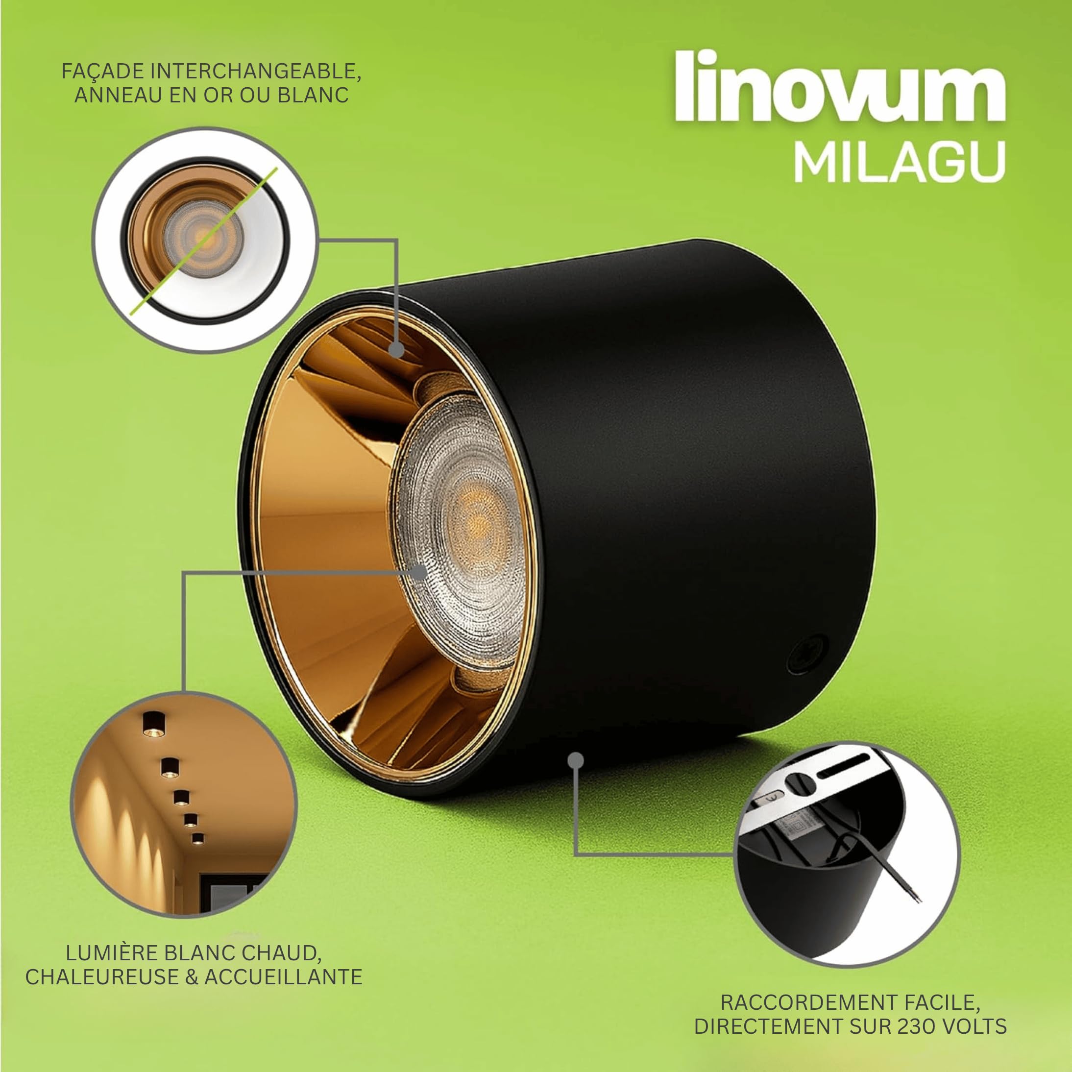 SSC-LUXon MILAGU - spot de plafond en saillie LED integree noir dore | Installation rapide et discrète pour un rendu épuré, faible consommation et longue durée de vie au quotidien.