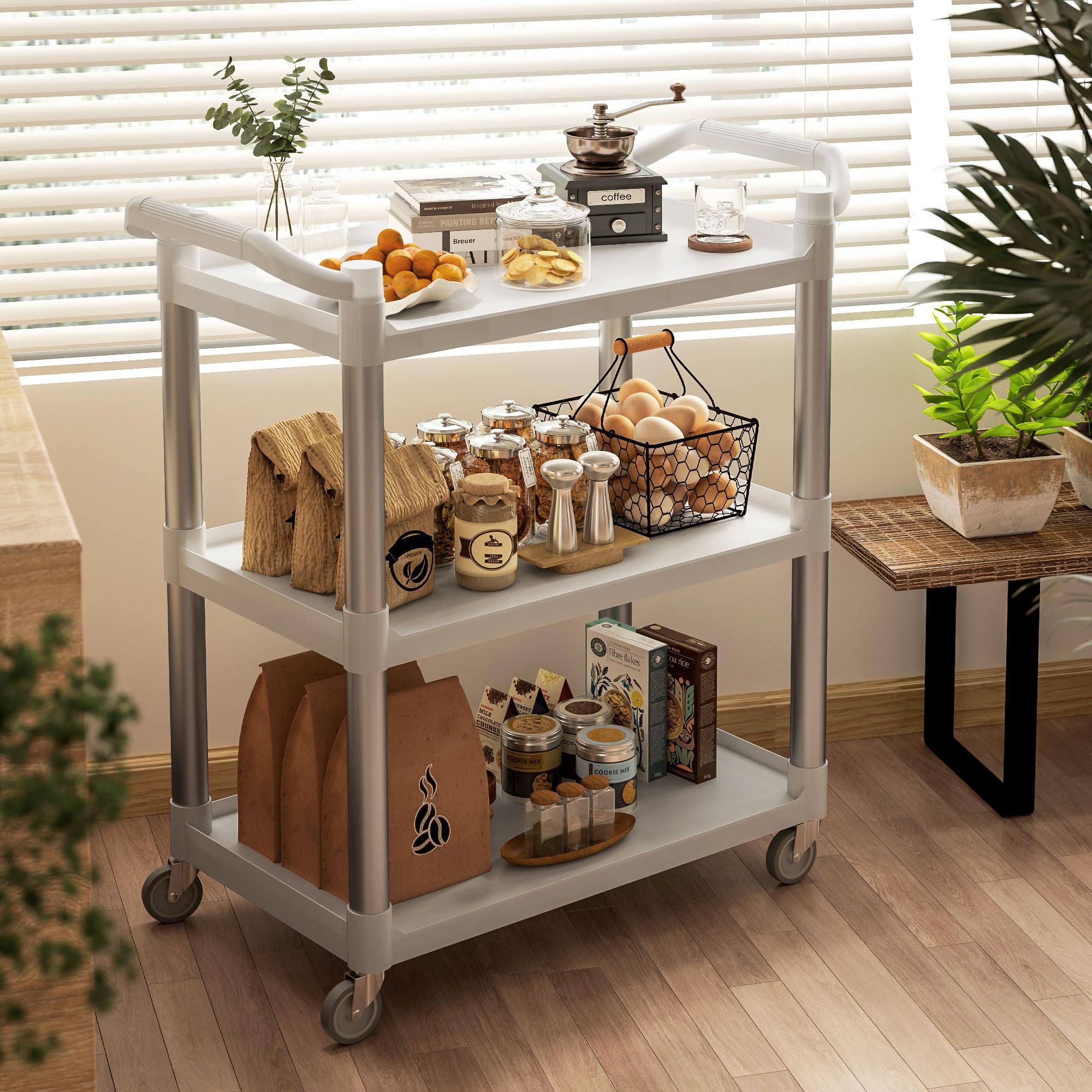 HOMCOM Aluminium-Legierung Küchenwagen mit Rädern 3 Level Küche Trolley Storage Trolley Last 105 kg für Esszimmer Bad 88x44x93 cm Weiß