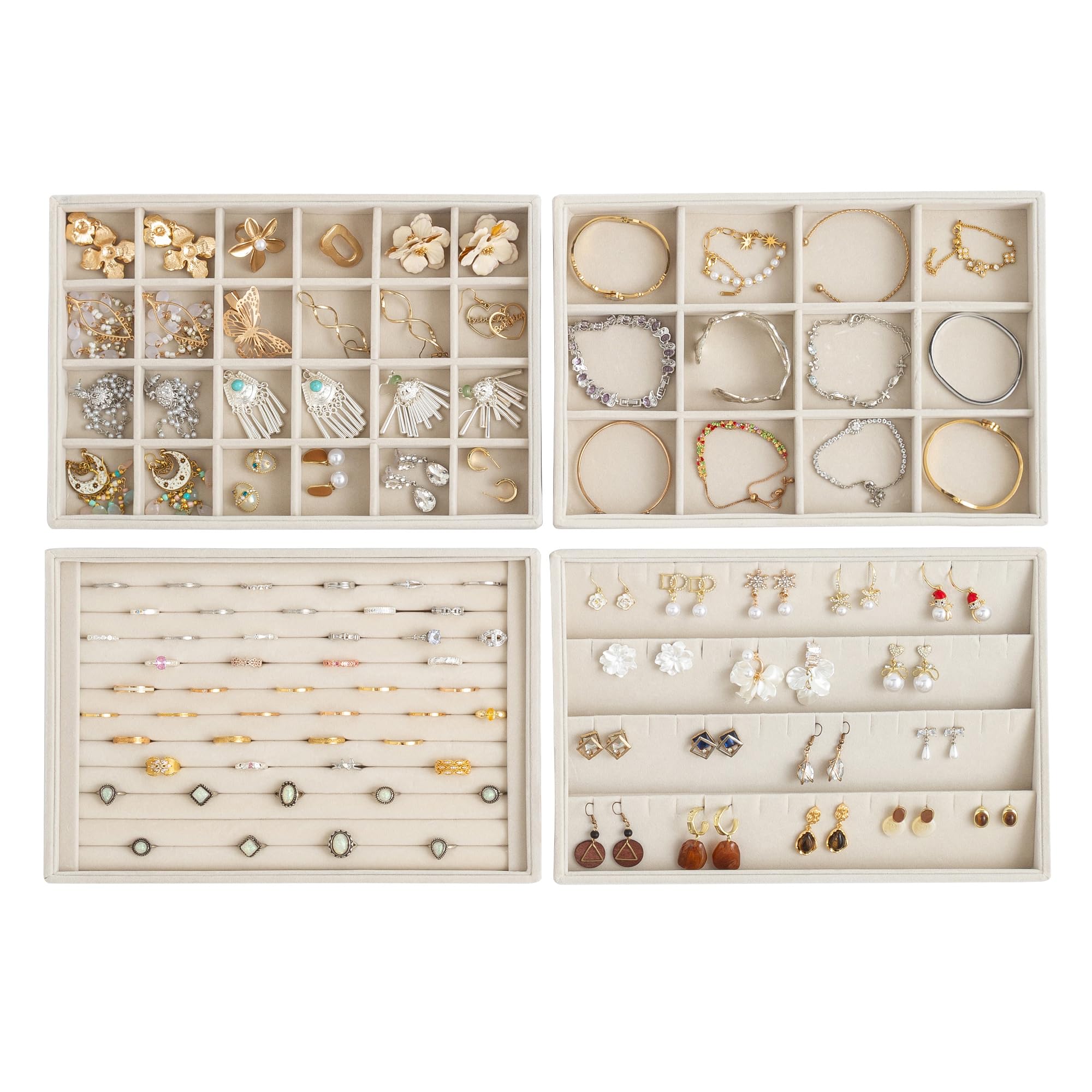 Frebeauty Organizadores de joyas apilables en terciopelo, set de 4 | Bandeja para joyas para cajones: almacenamiento apilable para pendientes (tipo botón), pulseras, collares y anillos