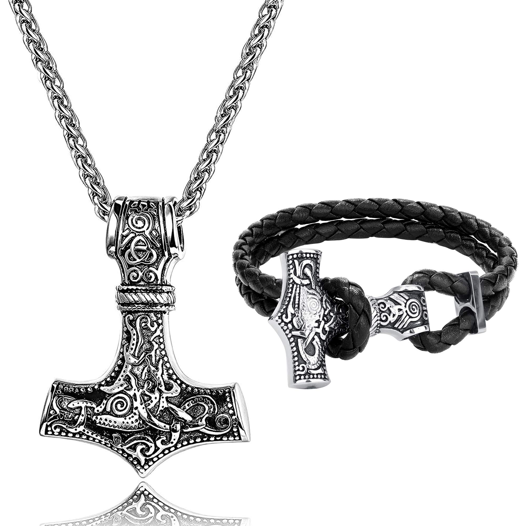 LOLIAS Thors hammare halsband viking armband set för män män Mjolnir rostfritt stål halsband svart läder armband manschett eller hängande Thors halsband smycken viking gåva för män