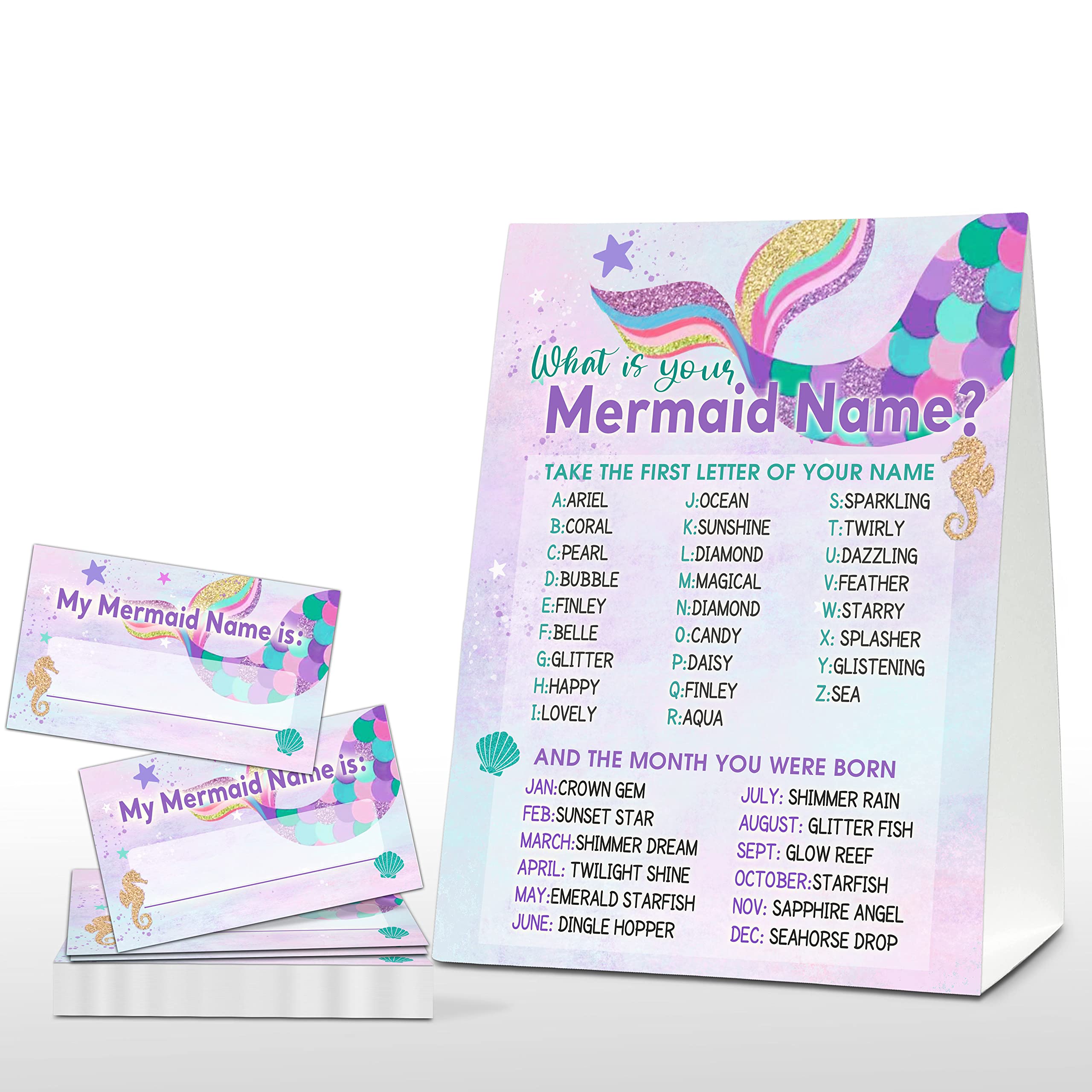 What's Your Mermaid Name Game - Whimsical Mermaid Birthday Party Games for Girls - Family School Classroom Activity - 1 Standing Sign and 30 Stickers