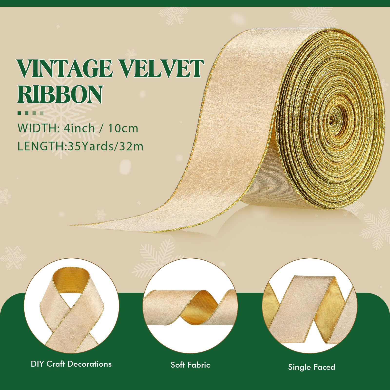 MEEDEE Gold Velvet Ribbon - 1.5" Wide, 25 Yards, Wired Edges For Christmas Trees, Gift Bows, Crafts - View #9
