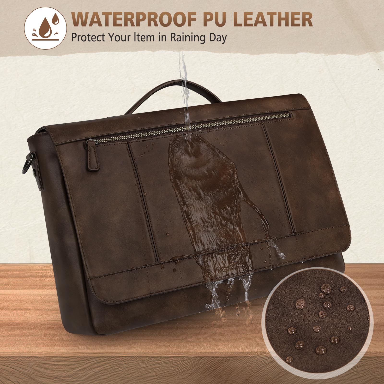 RAINSMORE Aktentasche Herren Leder Wasserdichte Umhängetasche Laptoptasche 15,6 Zoll Vintage Groß Arbeitstasche Messenger Bag Schultertasche für Arbeit Büro Uni Schule - 4