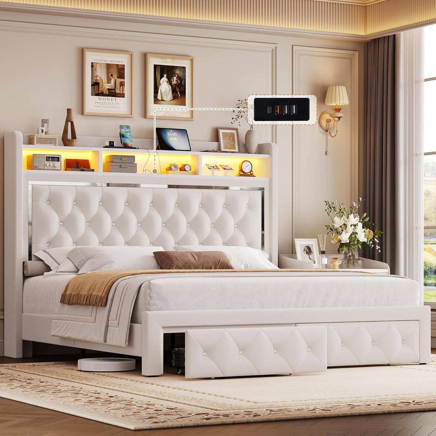 Keyluv Full Size 54.3" Tall Upholstered LED Bed Frame with 2 Drawers & Charging Station, Velvet Platform Bed with Button Tufted Storage Headboard and Iron Metal Decor, No Box Spring Needed, Beige