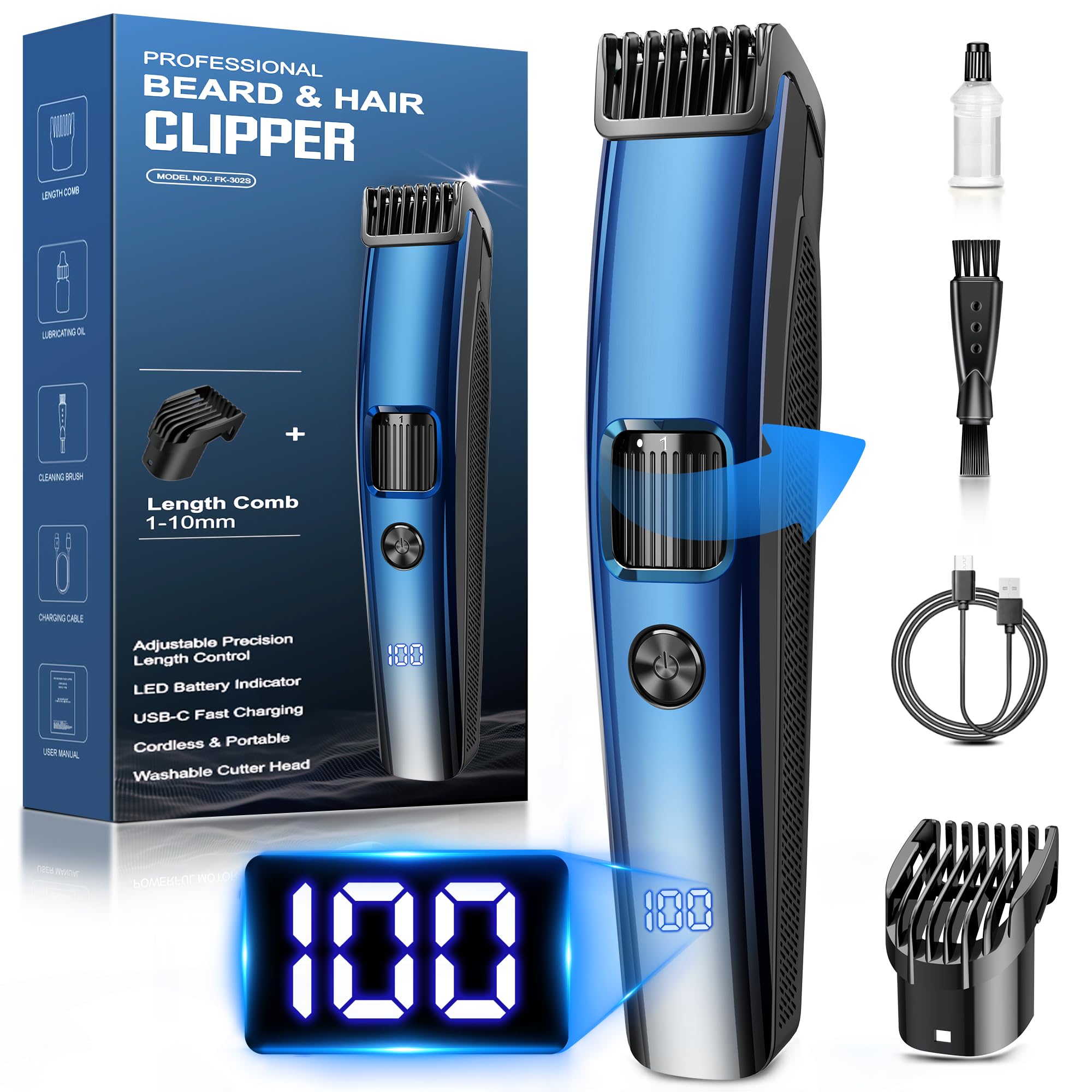 Beard Trimmer Men, Electric Shavers with 1-10 mm Zoom Wheel, Cordless Hair Clippers with Battery Indicator, Electric Razor USB Rechargeable, All-in-one Kit for Face & Body Grooming, Blue-image-1