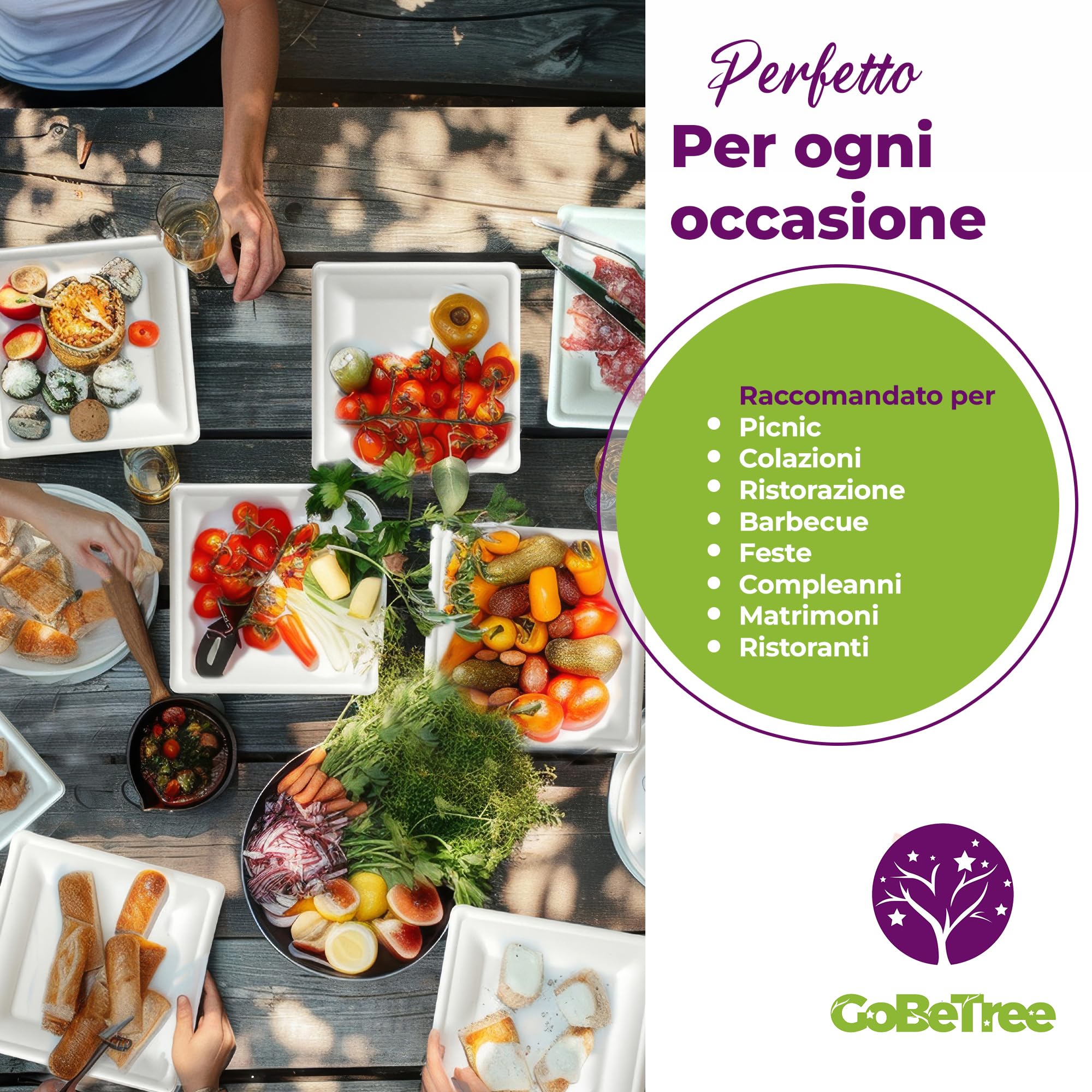 GoBeTree 100 piatti quadrate in canna da zucchero 20 cm bianchi. piatti di carta monouso extra resistenti, per campeggio, picnic, feste, barbecue, compleanni