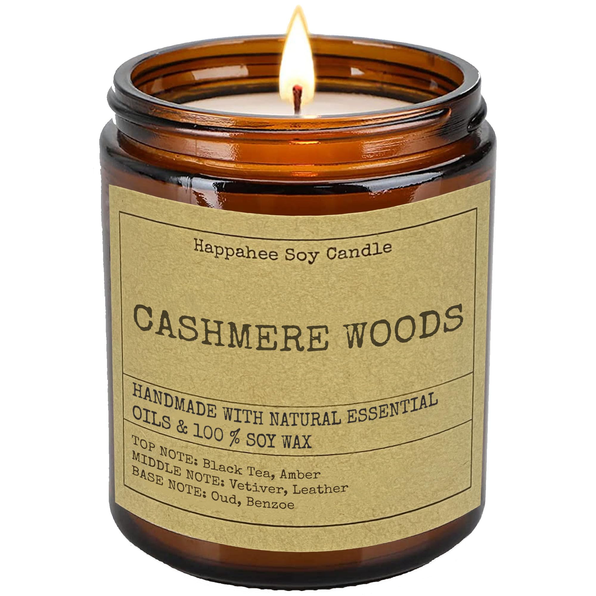 Luxurious CASHMERE WOODS Scented Candle for Home | 100% Natural Soy Wax Aromatherapy | 48-Hour Relaxing Ambiance | Eco-Friendly Amber Glass | Black Tea, Amber, Vetiver, Leather, Oud, Benzoin - 7.7oz
