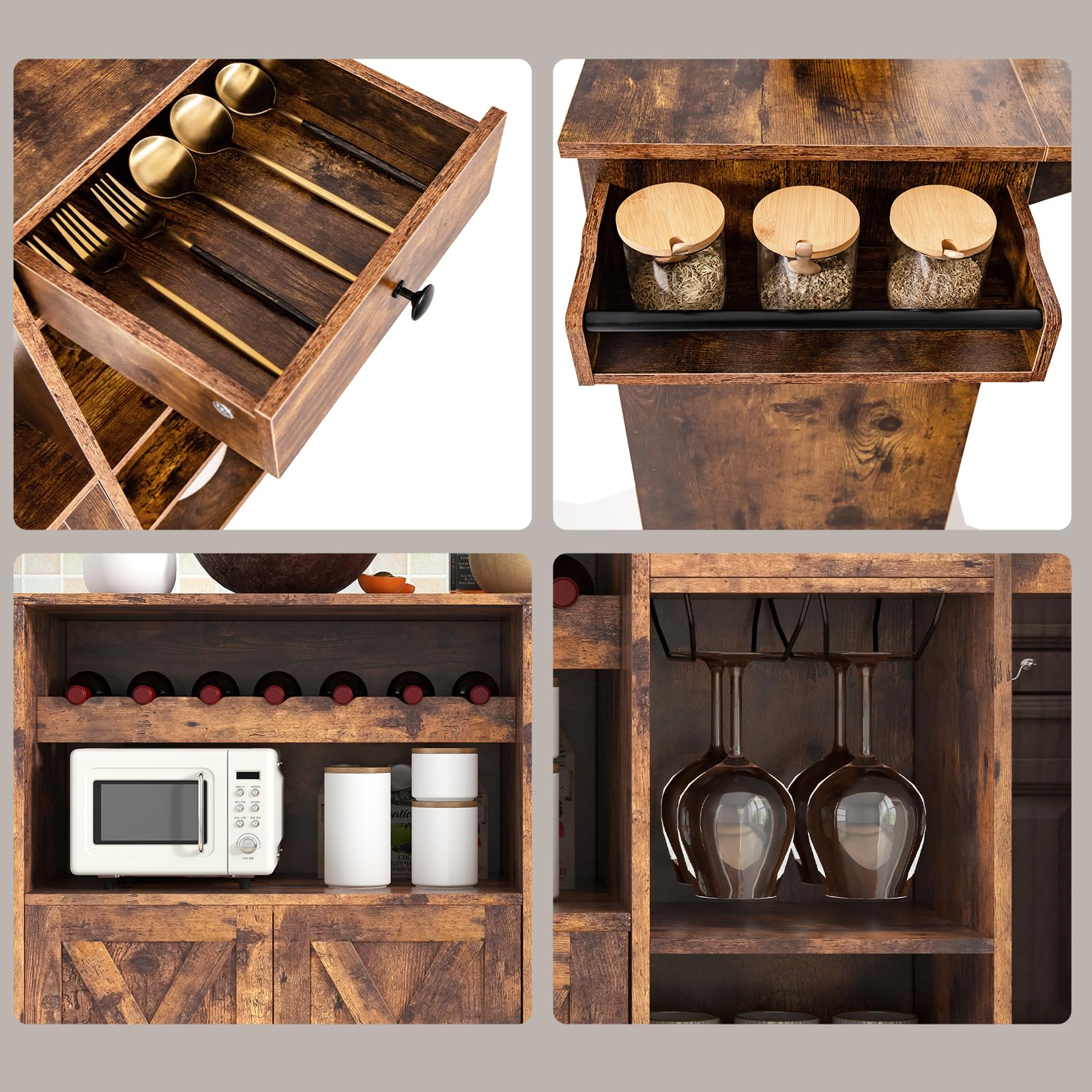 KOMFOTTEU Chariot de cuisine avec îlot de cuisine polyvalent, plateau pliable, étagère à vin, porte-verre, tiroir, étagères, bois rustique marron