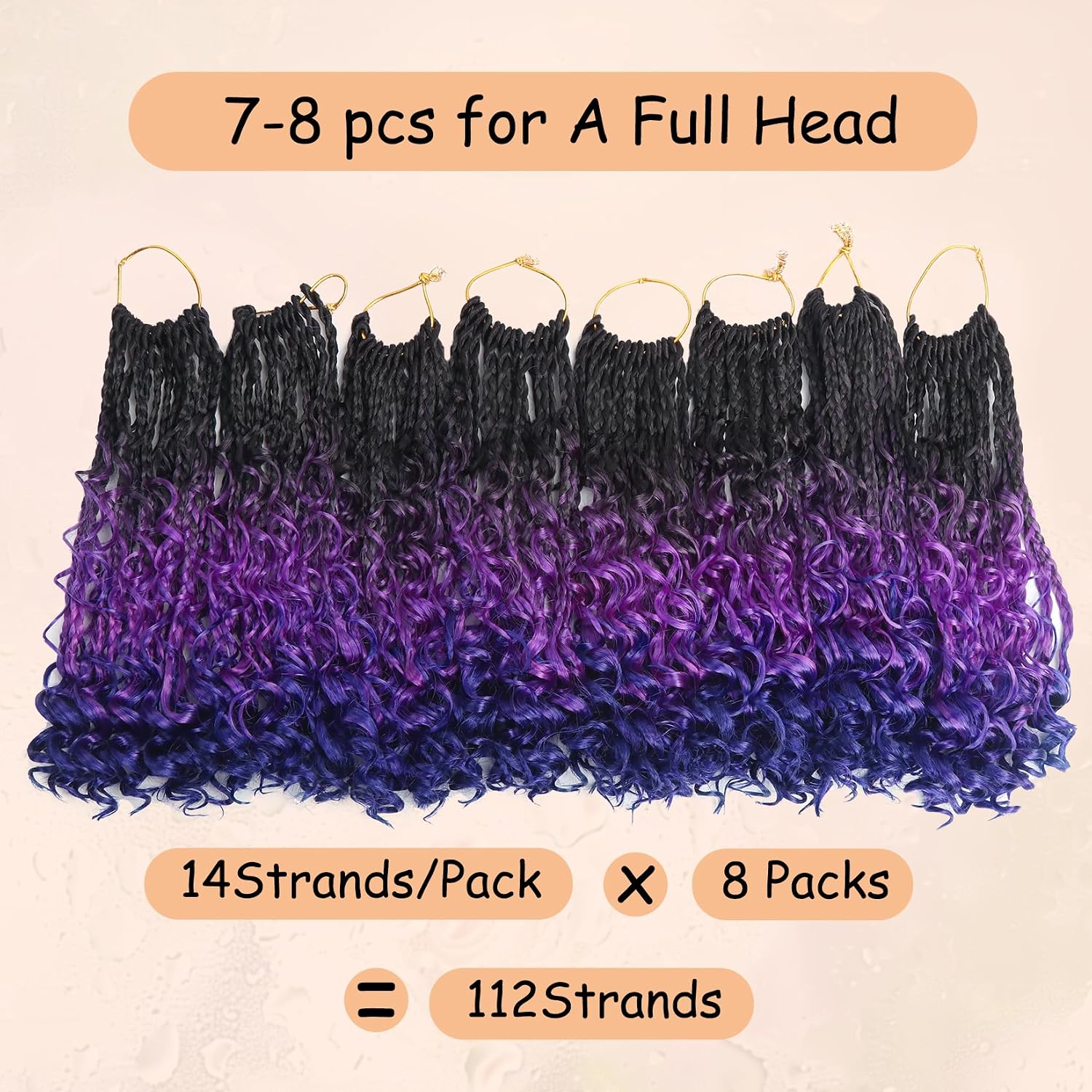 8 Pack Goddess Box Braids Crochet Hair for Black Women, 8 Inch Pre Looped Crochet Boho Box Braids with Curly Ends Synthetic Braiding Hair Extensions for Black Women M1B Purple Blue