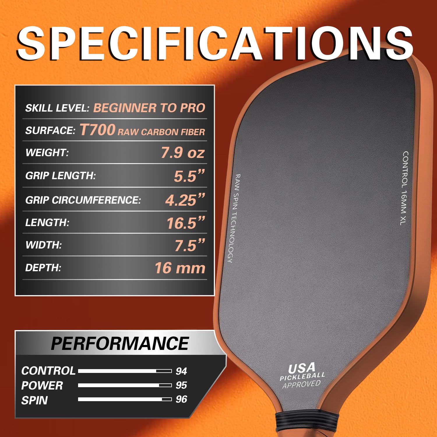 Pickleball Paddle - Carbon Surface with High Grit & Spin, Sure-Grip Elongated Handle, Larger Sweet Spot, 16mm Honeycomb Polypropylene Core, USAPA Approved - Includes 1 Paddles, 2 Balls, 1 Carry Bag
