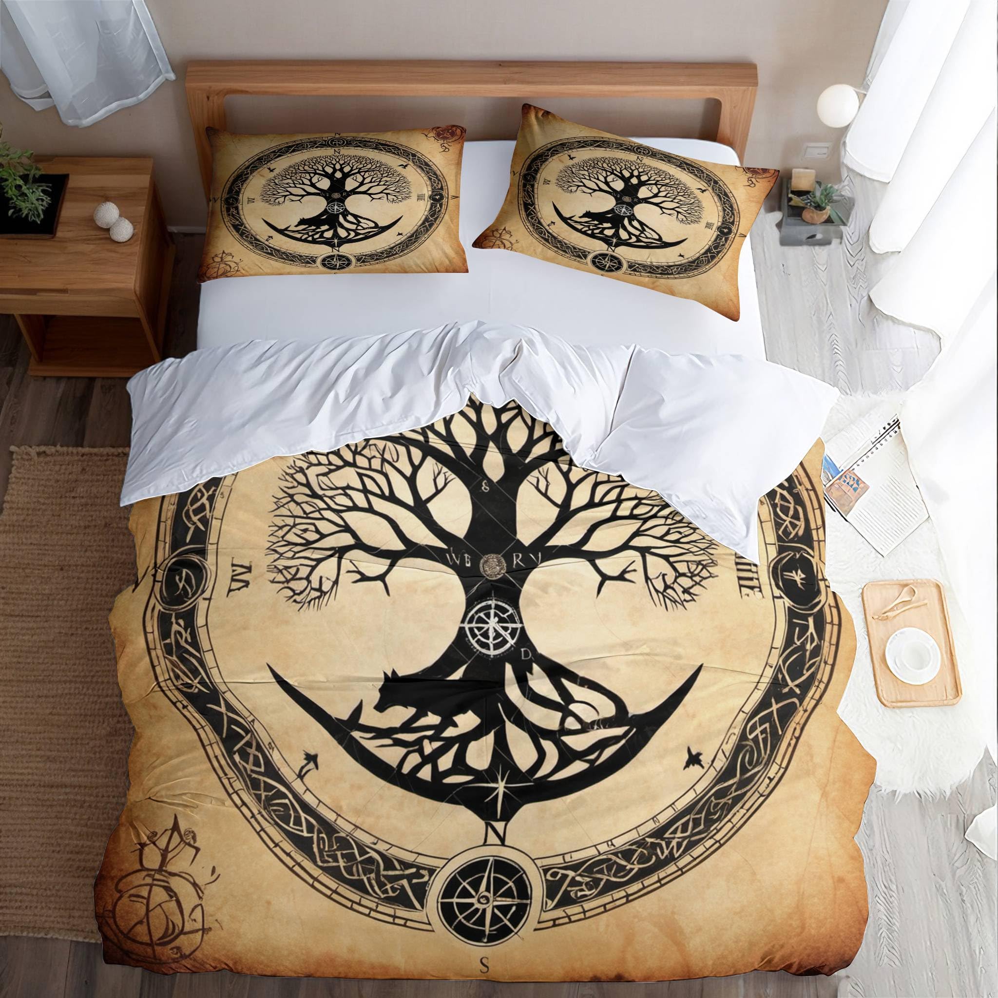 Copripiumino Matrimoniale 220x240 cm Motivo Vichingo Nodo celtico Lupo Corvo 3D Set di Biancheria da Letto Con Microfibra Comfort Morbida 3-Pezzi con 2 Federe 50x75 con Cerniera e Fascette Angolari